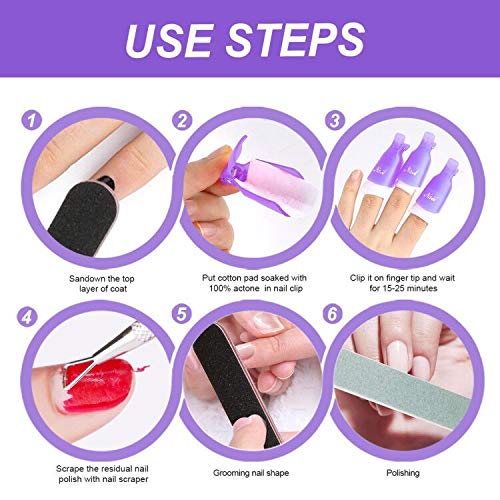 Teenitor Gel Nail Polish Remover Kit - Nail Clips, Remover Pads, Cuticle Peeler, Nail File, Buffer, Brushes & Soak Off Clips for Hands & Toes - Purple