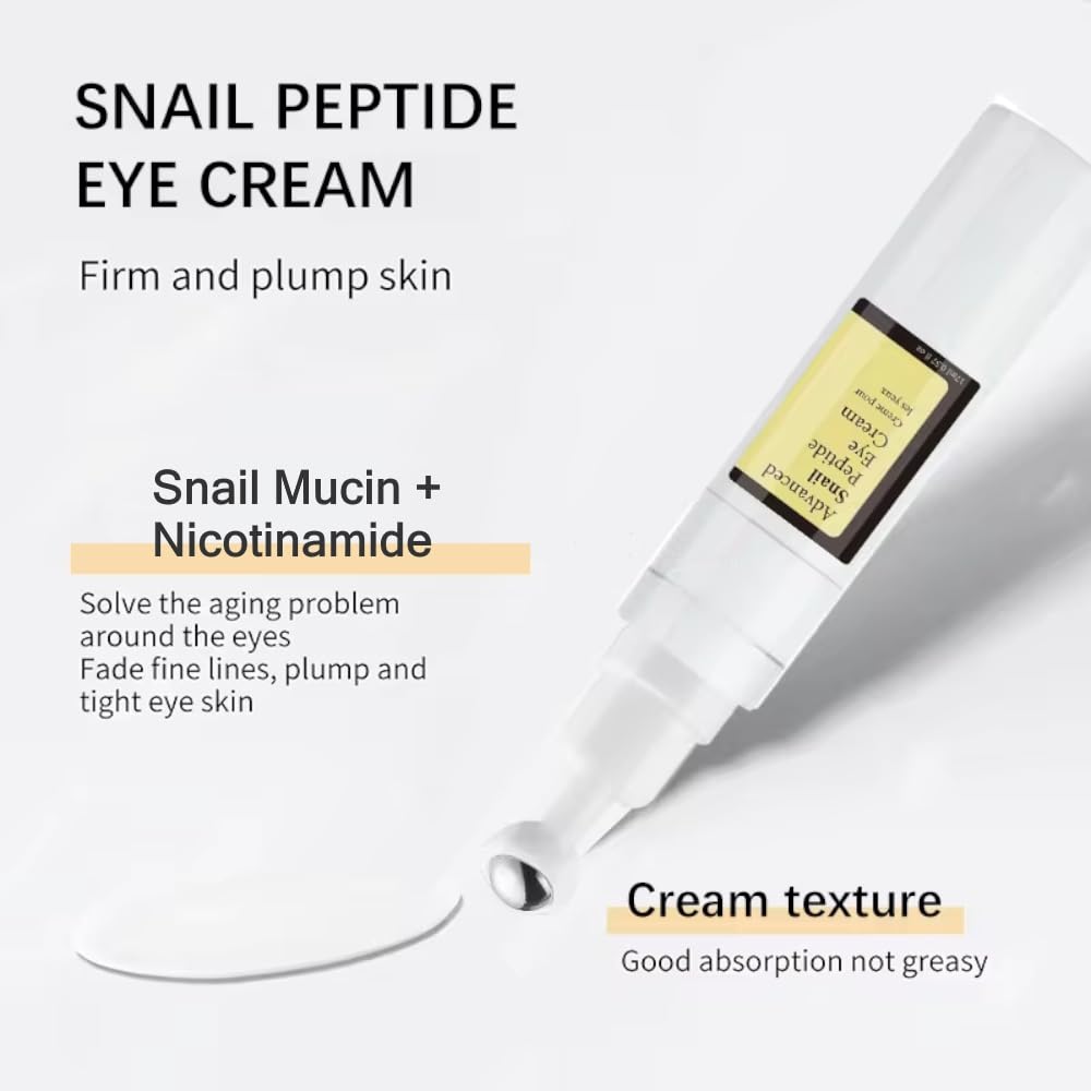 Snail Peptide Eye Serum, Under Eye Roller Cream to Reduce Dark Circles Puffiness Wrinkles Fine Lines, Niacinamide Eye Essence with 360° Massage Ball, Roll-On for Moisturizing Firming (SNAIL MUCIN)
