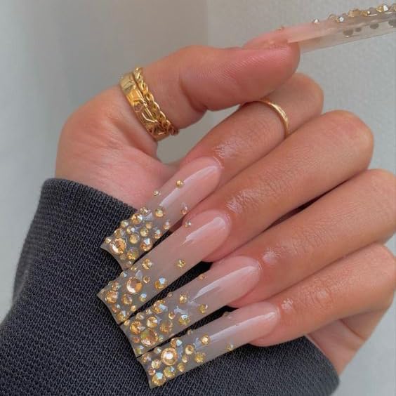 Nail Rhinestones - 3D Multi Shape Size, Flat Back, Manicure Rhinestones Charms, Champagne Gold Gems, with Kit, for Nail Art, Bedazzling Acrylic Nails, DIY Decor