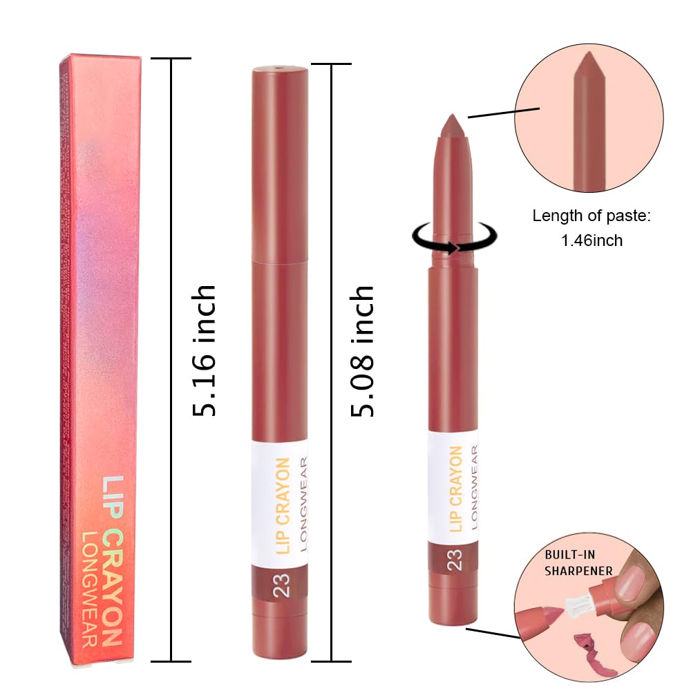 BINGBRUSH Matte Lip Crayon Set – Longwear, Waterproof, Velvet Finish, Built-in Sharpener, Smooth Lip Liner & Gloss (23#+24#, 2 Count (Pack of 1))