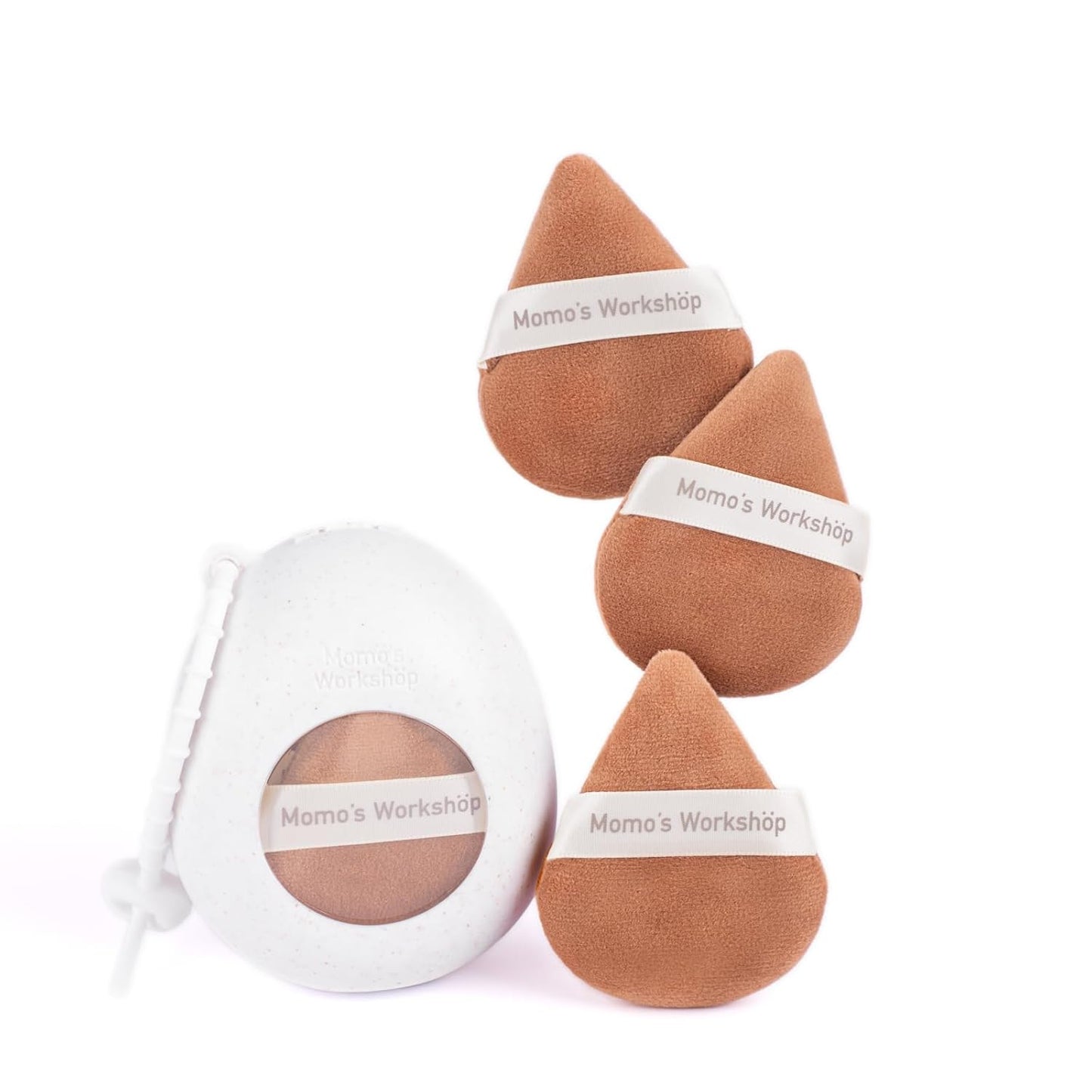 Momo's Workshop Pointed Powder Puff Large Size - Narrow Tip for Precision, Egg-Shaped Base for Even Application, Double-Sided Short Fluff, Works with Powder/Blush/Highlighter,Storage case,3PCS Puffs