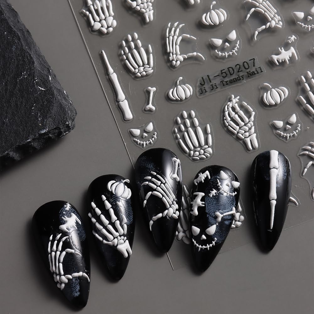 3Pcs Halloween Nail Art Sticker 5D Embossed White Claw Skull Nail Decals Gold Rose Gold Skeleton Nail Stickers 3D Self-Adhesive Hand Bone Nail Supplies Holiday Nails Accessories for Women DIY Manicure
