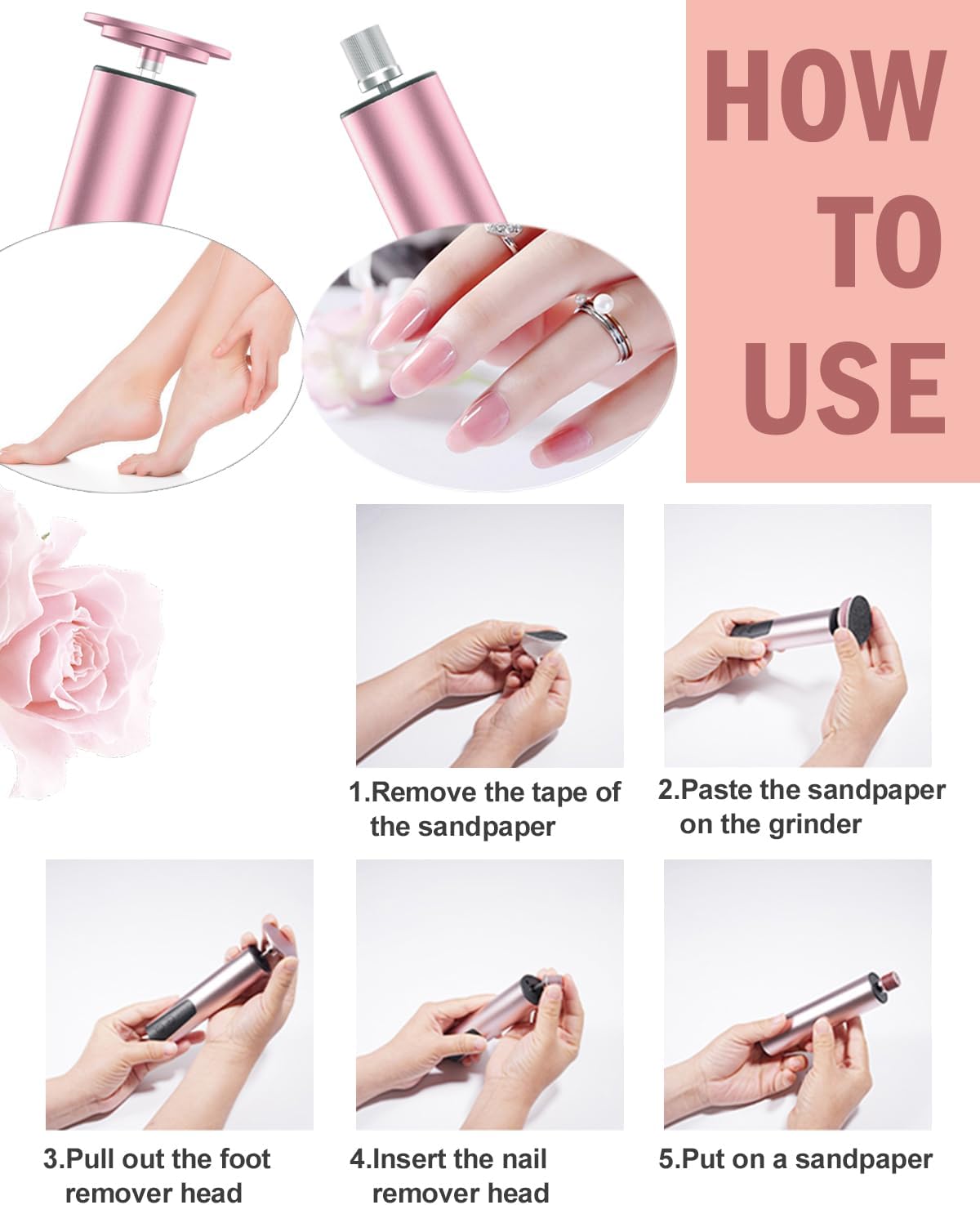 Electric Foot Callus Remover & Nail Drill - 2 in 1 Rechargeable Foot File Grinder Nail Polish Remover - 6 Speed Pedicure Tool Dead Skin Remover for Dry Cracked Feet - Grater Buffer for Feet for Women