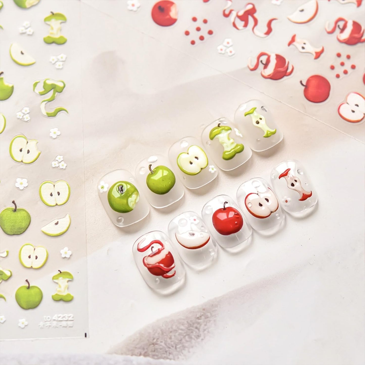 5D Embossed Nail Stickers for Nail Art Green Apple Nail Art Stickers White Flower Nail Decals Self Adhesive Spring Nails Supplies for Women Girls