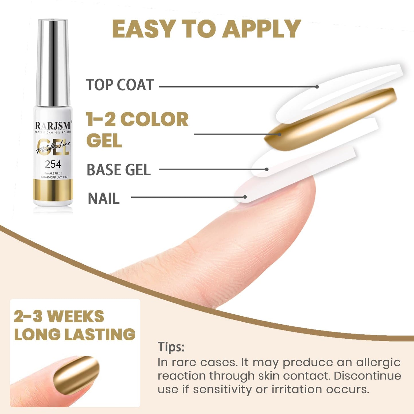 RARJSM Metallic Chrome Gel Liner Nail Art Champagne Gold 3D Mirror Effect Gel Nail Polish 8ml Build in Thin Brush Metal Painted Drawing Striper Painting GelPolish Soak off Curing Requires Home Salon