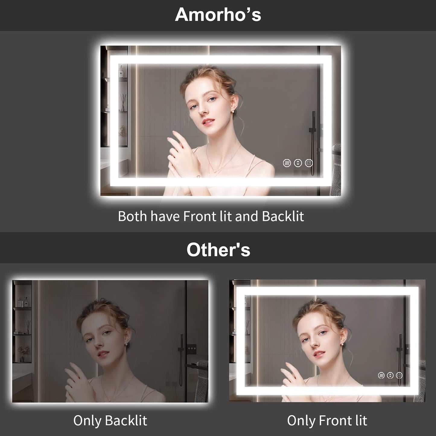 Amorho LED Bathroom Mirror 38'' X38'' with Front and Backlit, Stepless Dimmable Wall Mirrors with Anti-Fog, Shatter-Proof, Memory, 3 Colors, Double LED Vanity Mirror