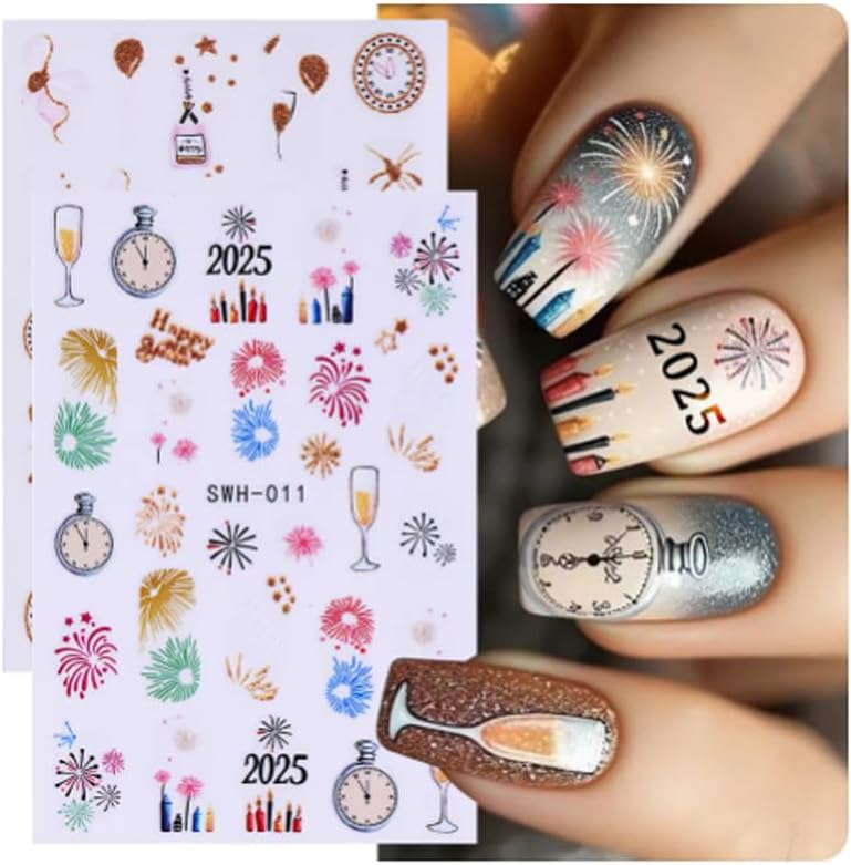 8 Sheets Christmas Nail Art Stickers - 3D Clock Glitter Firework Balloon Design, Candy Cane Cute Cartoon Cow Light Decals for Winter Xmas and New Year's - Supplies for Women Girls