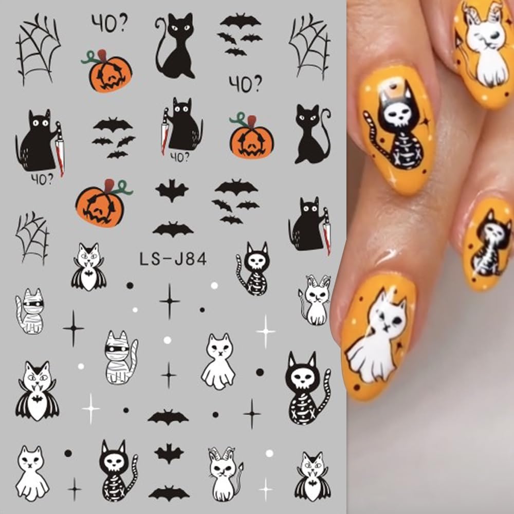 8 Sheets Halloween Cute Nail Stickers Pumpkin Ghost Mummy Cat 3D Self Adhesive Black Nail Decals Spider Web Bat Nail Art Design Halloween Party DIY Nail Art Decoration for Women Kid Girls