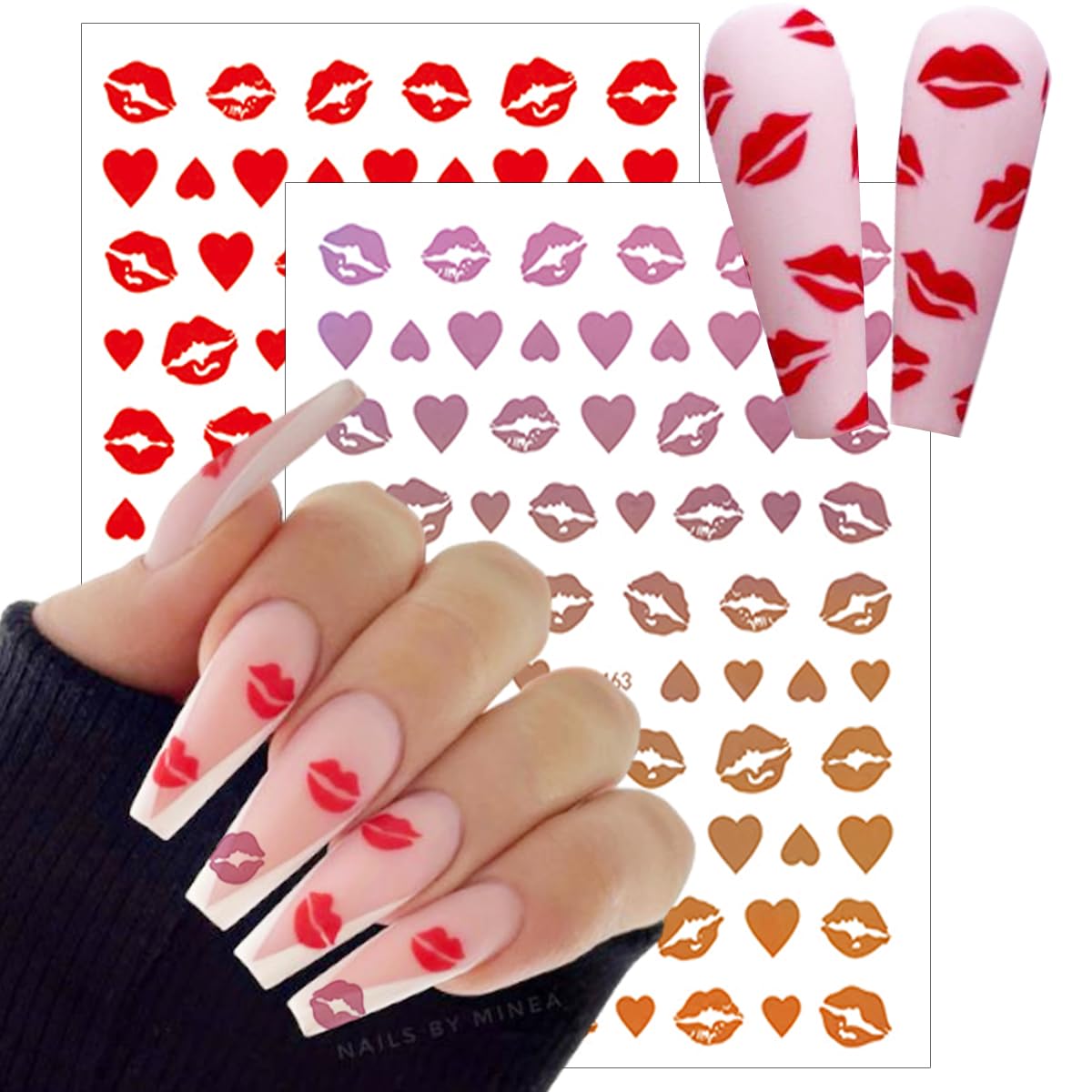 10 Sheets Valentine's Day Nail Art Stickers Sexy Lips Nail Decals 3D Holographic Heart Nail Stickers Self-Adhesive Design Black White Gold Silver Laser Valentines Stickers for Women Nail Decoration