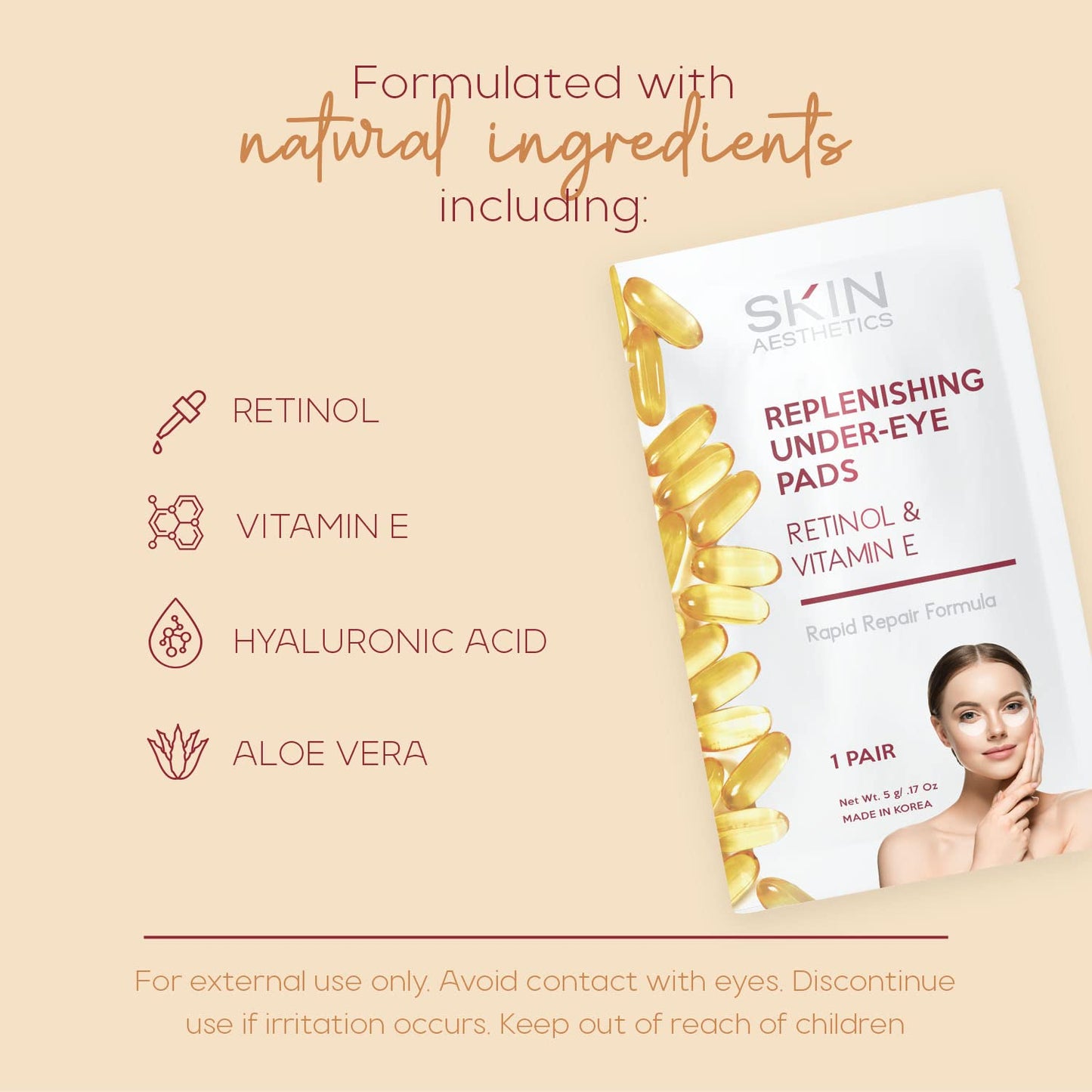 Retinol & Vitamin E Under Eye Patches - Reduces Wrinkles, Fine Lines & Eye Bags, Repairs Skin, Anti-aging Under Eye Pads - Cruelty Free Korean Skin Care For All Skin Types - 5 Pairs