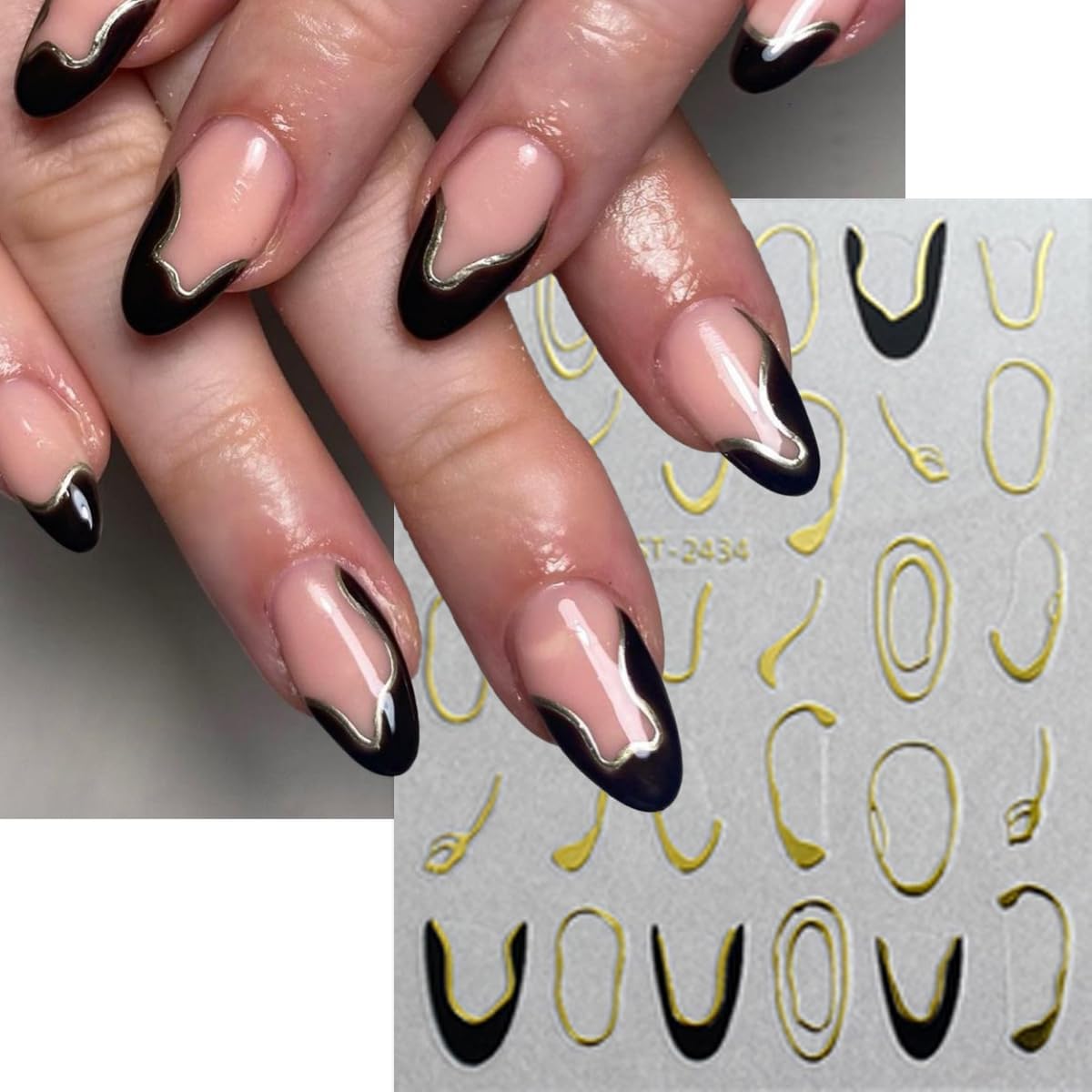 6Sheets Heart Nail Stickers French Tips Nail Art Stickers Letter Nail Decals Gold Black Bronzing Hollow Design 3D Self Adhesive Nail Sticker for Nail Art Decoration Salon Manicure Supplies for Women