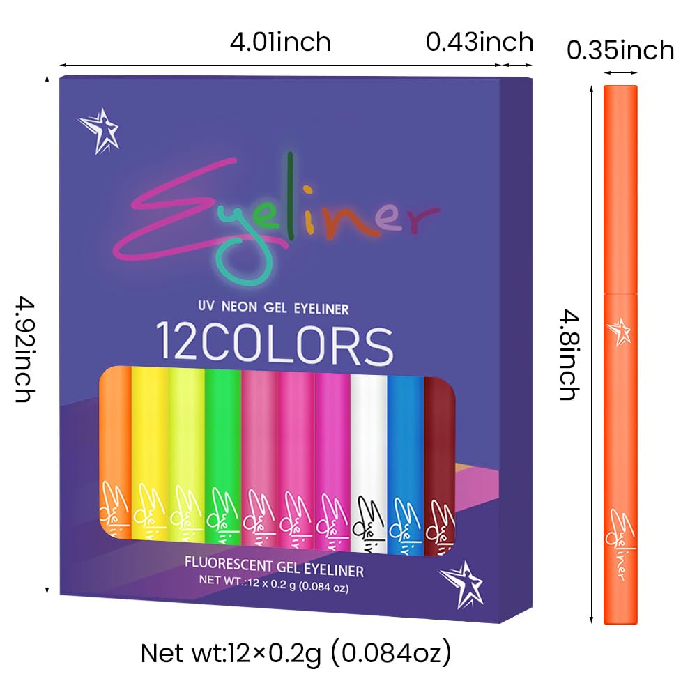 evpct 12 Colors UV Neon Gel Eyeliner Pencil Makeup Set Kit, Rainbow Halloween Colored Colorful Gel Eyeliners Pen Glow in Dark, Waterproof Long Lasting for Painting Delineador de ojos líquido de neón