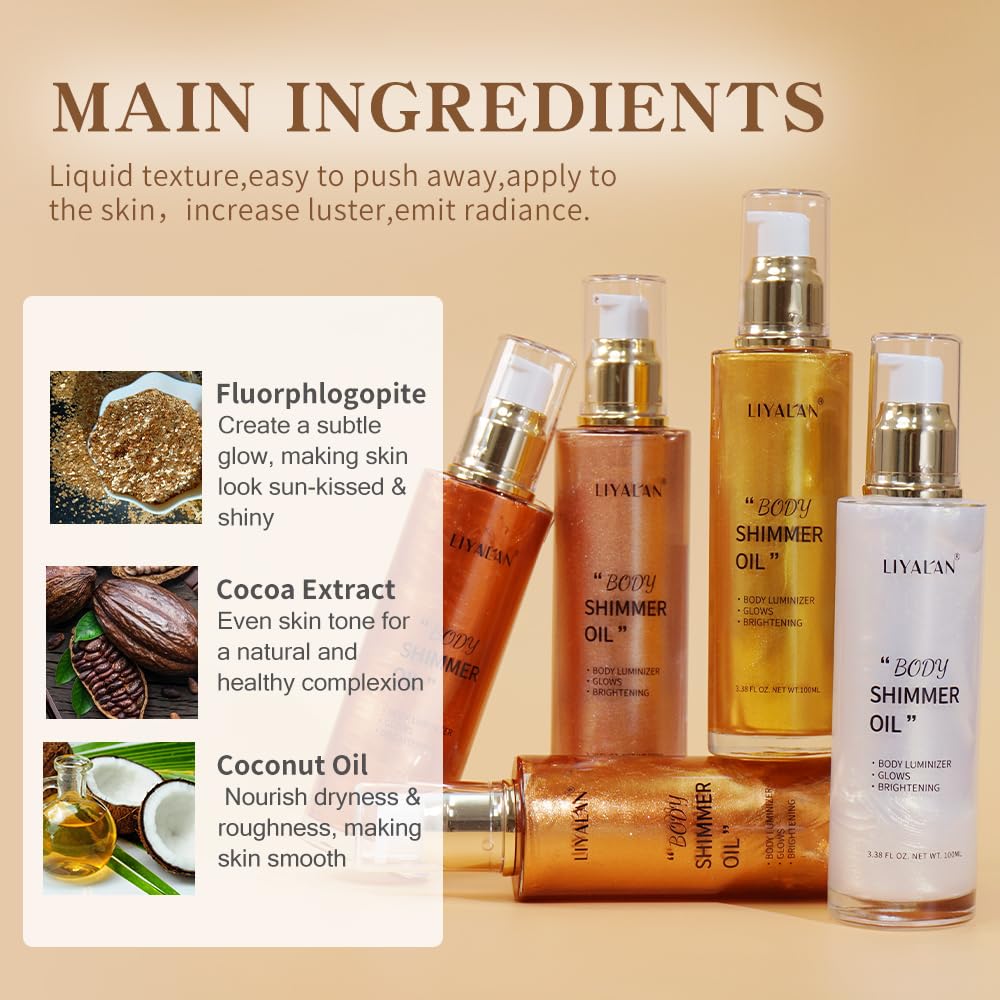 Liyalan Shimmer Body Oil Pearl White 5 Color Bronze Face Brighten Glow Highlighter Illuminator Body Makeup Shine Glitter Gold Liquid Taning (2.8 Fl Oz)