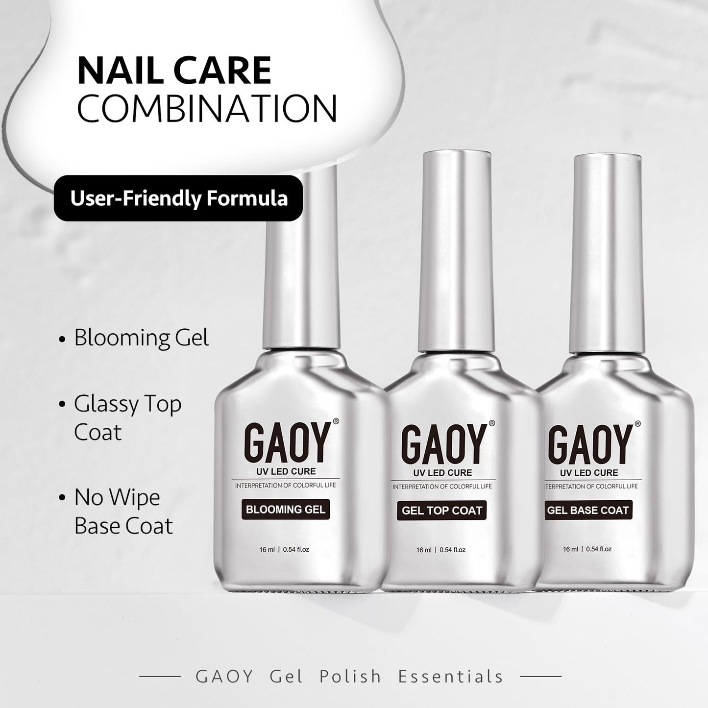 GAOY Gel Top Coat, Blooming Gel and Base Coat Set, 3 Pcs 16ml Clear Glossy No Wipe Combination for UV Light Cure