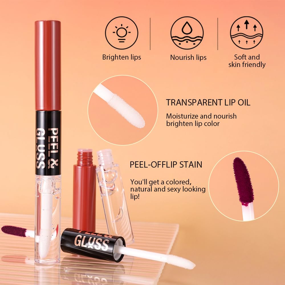 Raspberry Peach Lip Stain Peel Off Lip liner and Lip oil with Tweezer, Dual-Ended Peel Off Lip Stain Tattoo, Highly Pigmented Long Lasting Waterproof, Transfer-proof for All Skin Types, 03#