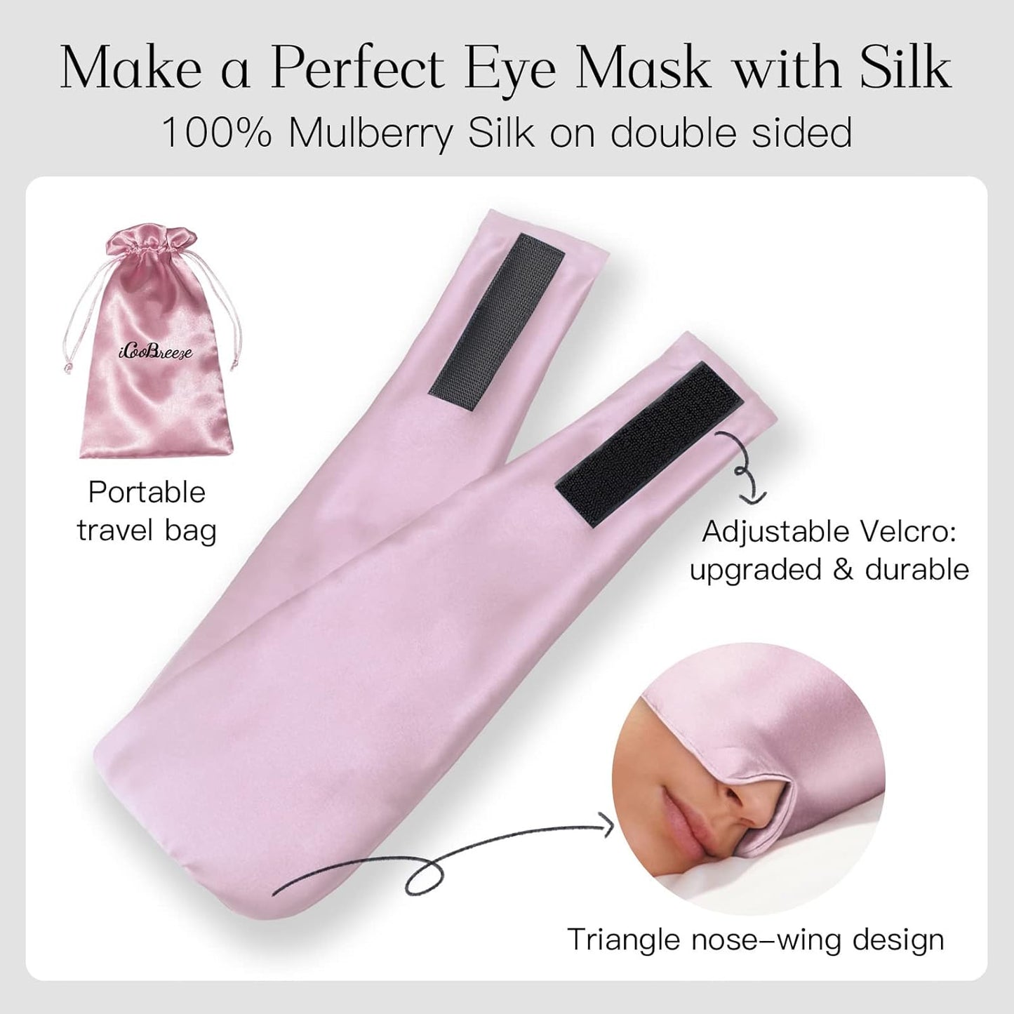 100% Natural Silk Eye Mask for Women Men, Soft Pressureless Cooling Blackout Eye Covers for Sleeping, Large Size Sleep Mask fits All Heads Adjustable, 1PC, Lotus Pink