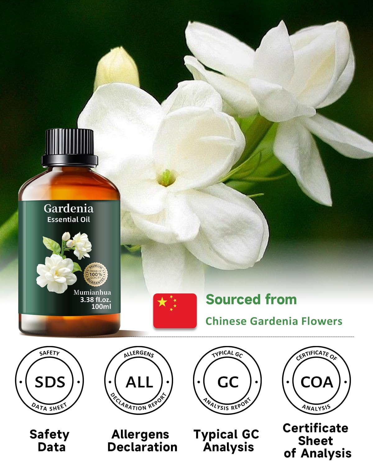 Mumianhua 100% Pure Gardenia Essential Oil Natural Gardenia Oil for Bedroom Diffuser, Laundry Boost & Women's Perfume | Therapeutic Grade for Candle Making & Skin 3.38 Fl Oz