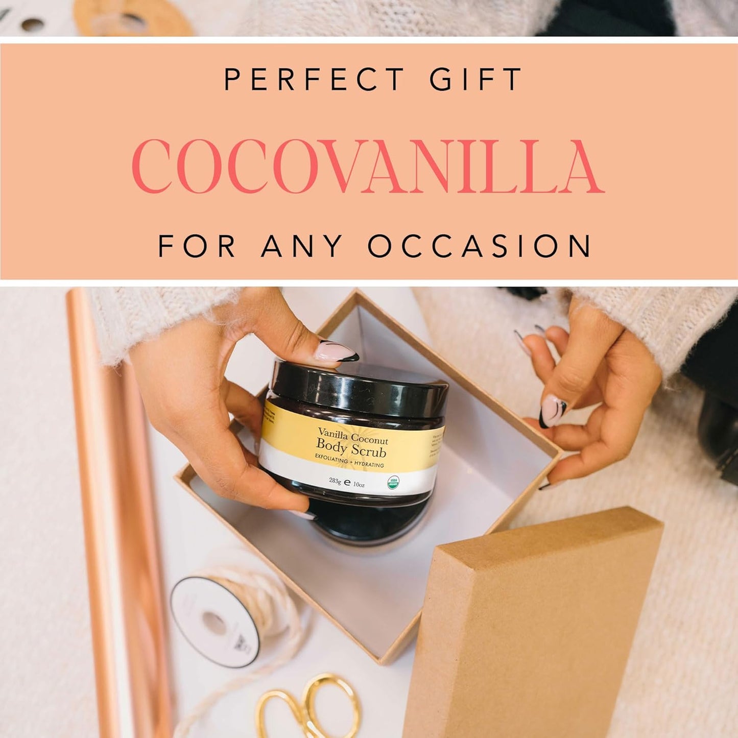 Organic Vanilla Coconut Body Scrub - USA Made Sugar Scrub with Natural Ingredients, Moisturizing Body & Foot Exfoliator for Dry and Sensitive Skin, Removes Dead Skin Cells & Reduces Ingrown Hair