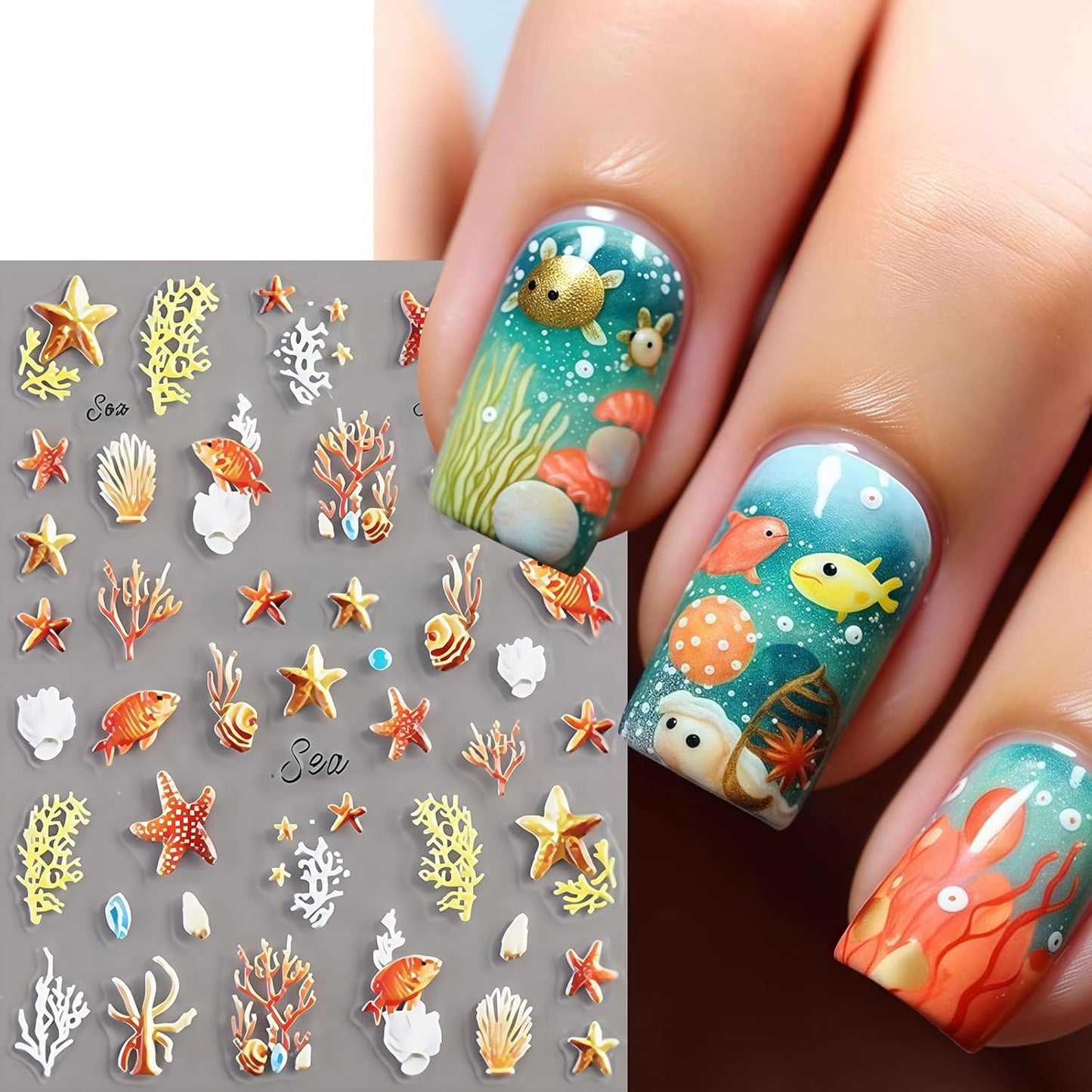 2Sheets Ocean Life 5D Embossed Nail Art Stickers Decals Dolphin Conch Seashell Nail Stickers Self-Adhesive Flowers Turtles Corals Nail Designs Sea Creature Nails Supplies for Women Nails Decoration