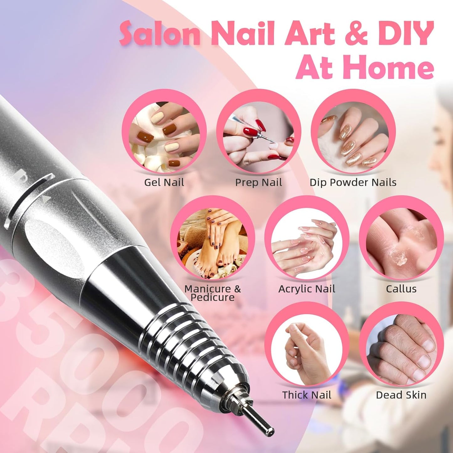 CIVPOWER Nail Drill, Portable Rechargeable Tool Kit with 35000RPM Electric Nail File and LED Display for Manicure, Pedicure, Salon, Home, DIY (White)