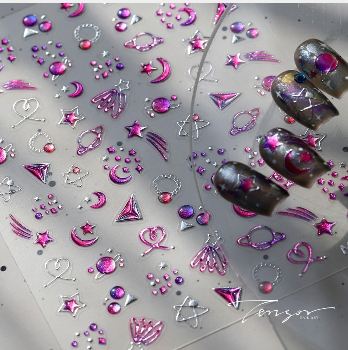 Purple Nail Art Stickers Star Moon Nail Decals 5D Embossed Jelly Nails Stickers Self Adhesive with Design for Women Girls Kid Manicure Charms Supply DIY Decoration Accessories