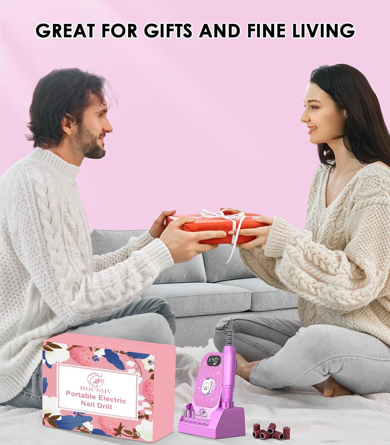 Portable Nail Drill Electric File: Professional Nail E File Machine 40000RPM for Acrylic Nails Remove Nail Gel Polish Manicure, Rechargeable Cordless Diamond Nail Drill with Bits & Base for Salon Home