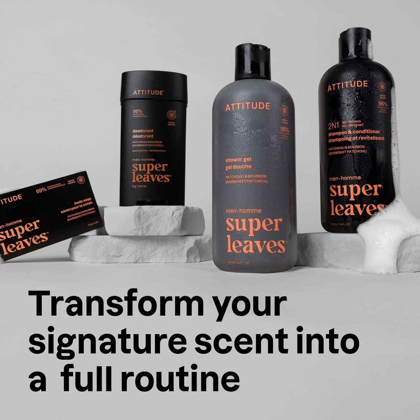 ATTITUDE Men's Shampoo and Conditioner 2-in-1, Nourishing For Dry Hair and Scalp, With Panthenol and Ginseng, 97% Natural Origin Ingredients, EWG Verified, Patchouli & Bourbon, 14 Fl Oz (Pack of 3)