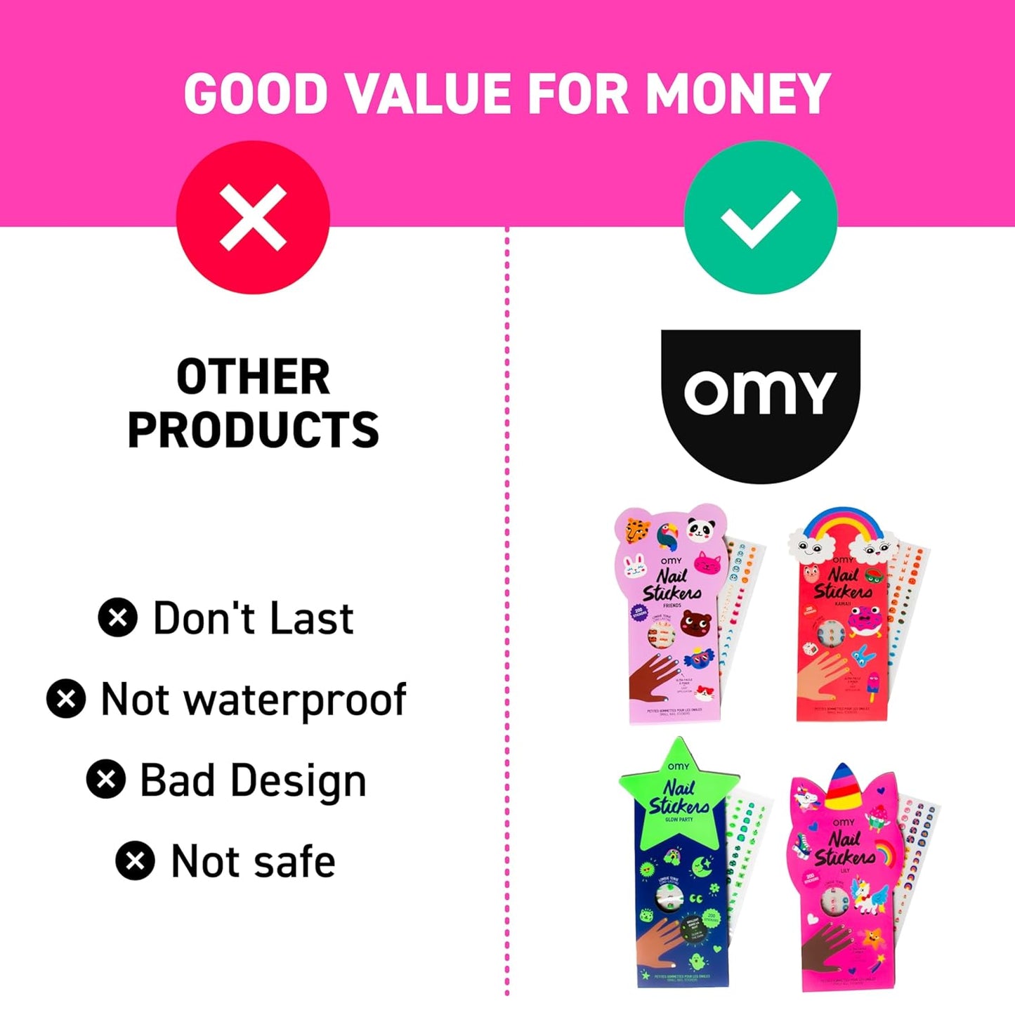 Omy Unicorn Nail Stickers for Kids - 200 Stickers, Waterproof, Durable, Fun, Creative Designs | Strong Enough to Last Through Hand Washing - Easy to Apply, Safe, Non-Toxic | Age 3 and Up