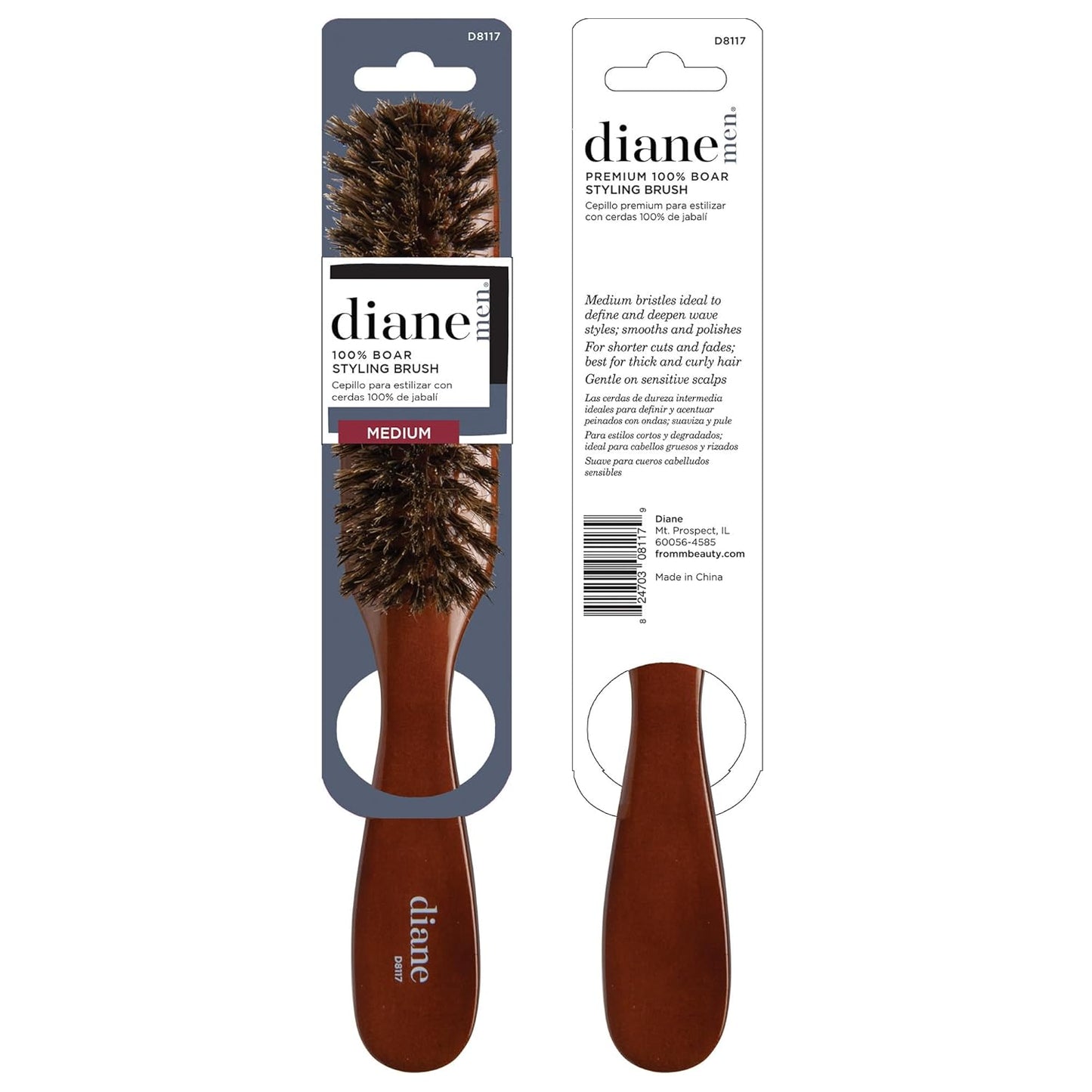Diane Premium 100% Boar Bristle 7 Row Styling Brush for Men and Barbers, Medium-Firm Bristles for Thick Coarse Hair, Detangling, Smoothing