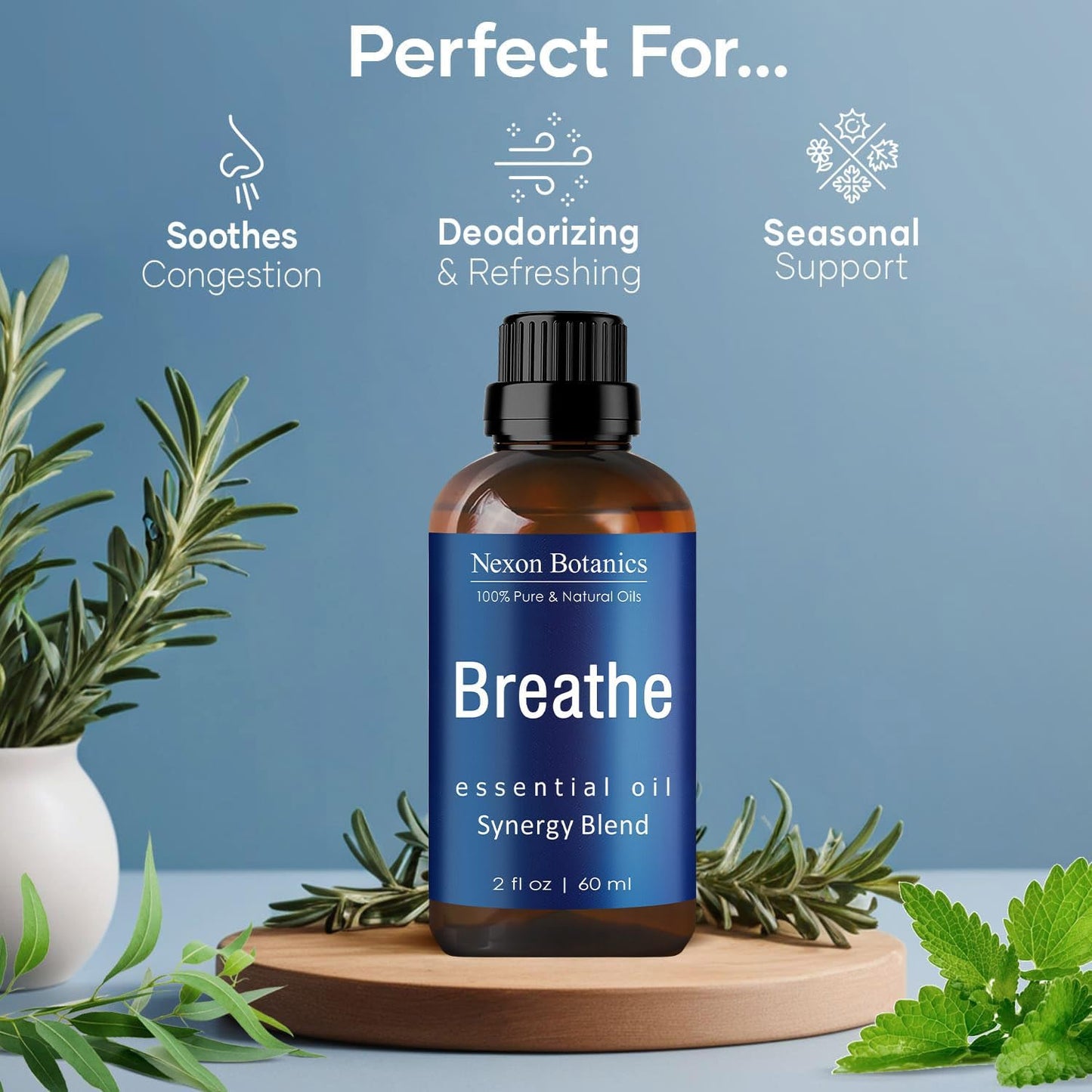 Breathe Essential Oil Blend 60 ml - Breath Sinus Relief with Menthol Oils - for Humidifiers, Diffusers, and Aromatherapy - Nexon Botanics