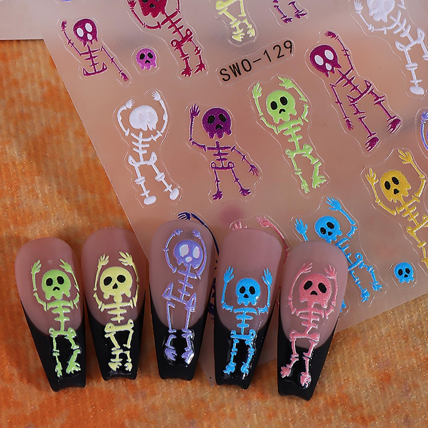 Halloween Skull Nail Stickers Cute 5D Nail Art Stickers 3PCS Self-Adhesive Colorful Embossed Skeleton Design Spooky Nails Manicure Accessories Holiday Nail Charms for Women Nail Decorations Nail Art