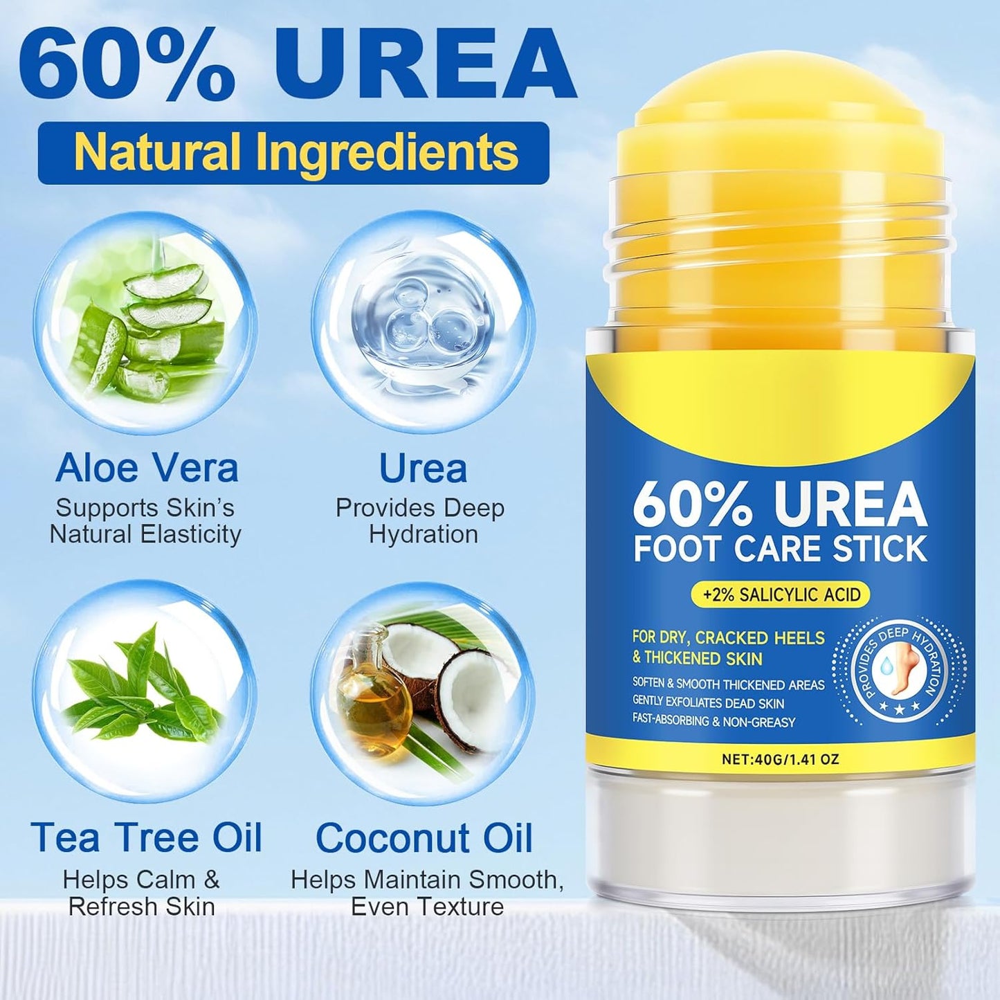 Foot Urea Cream, 60% Urea Cream for Feet Maximum Strength Repair Cracked Skin, Foot Moisturizer Nourish Cracking Rough Dry Heels, Feet Callus Remover Gel, 1.41Fl Oz