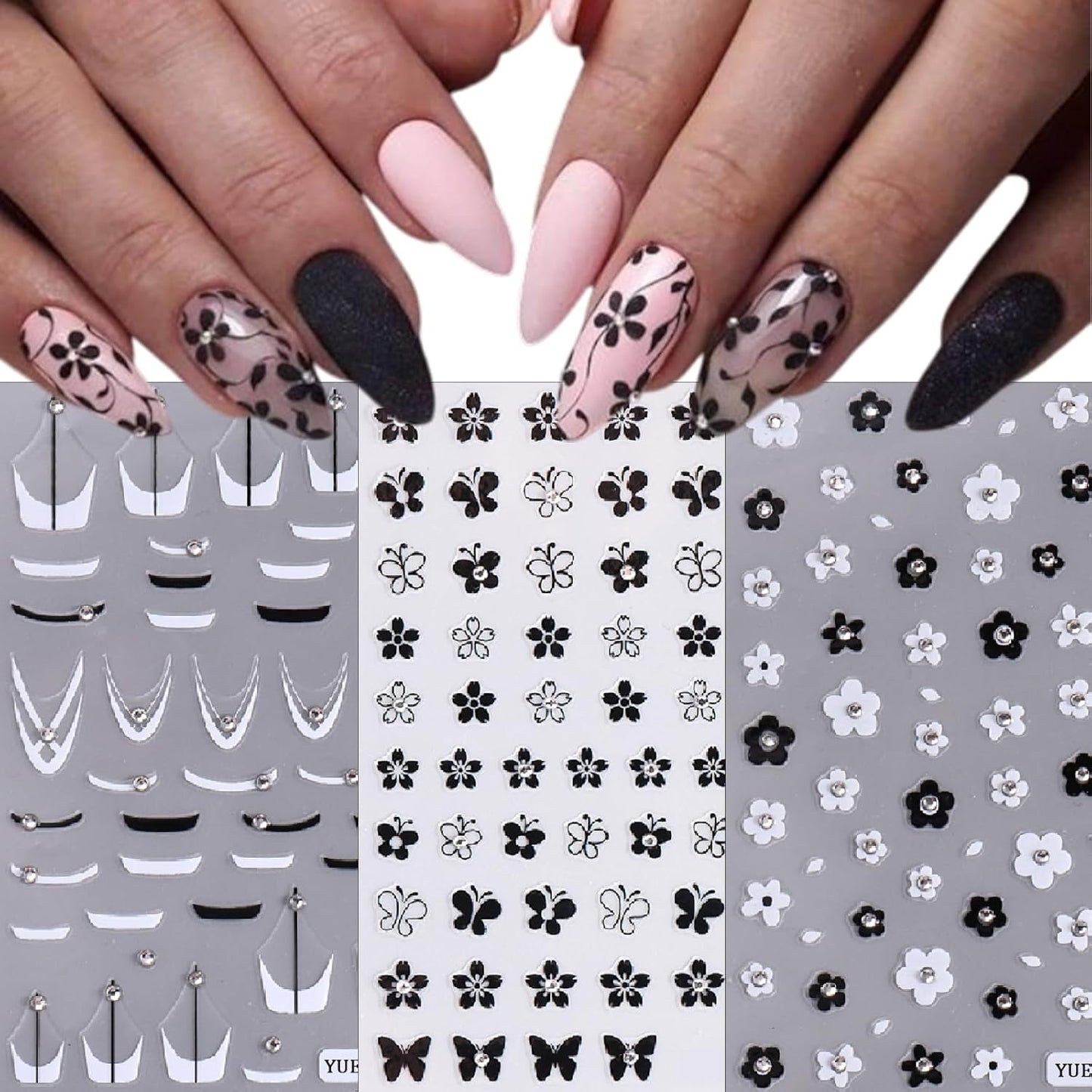 3 Sheets French Diamond Nail Stickers Flower French Manicure 3D Self-Adhesive Sparkling Crystal Black and White French Daisy Butterfly Design DIY Decal Nail Stickers for Nail Art Decoration