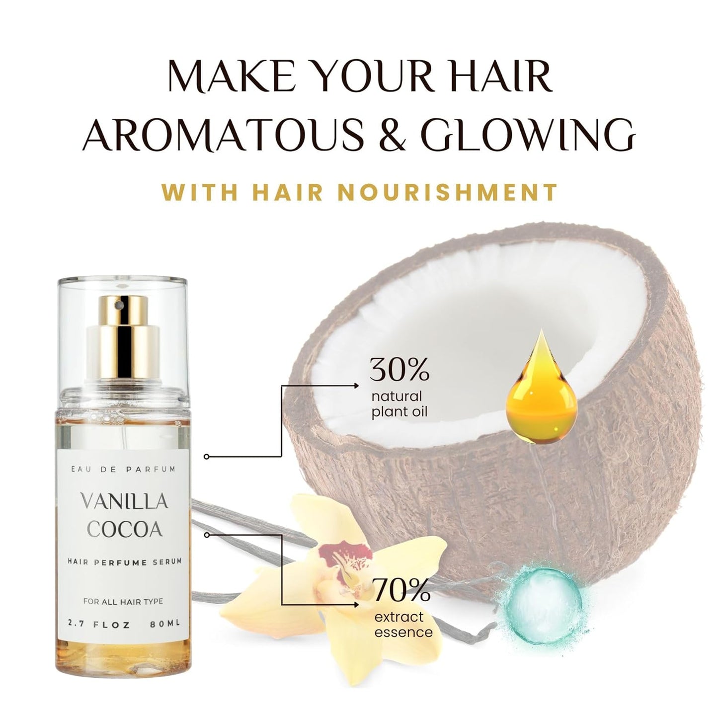 Hair Perfume for Women, Summer Lightweight Long Lasting Fragrance Mist - 3:7 Hydrating Serum Alcohol Free Formula, Argan Oil Scented Hair Spray with Keratin & Elastin (Vanilla Cocoa) 2.7 fl oz