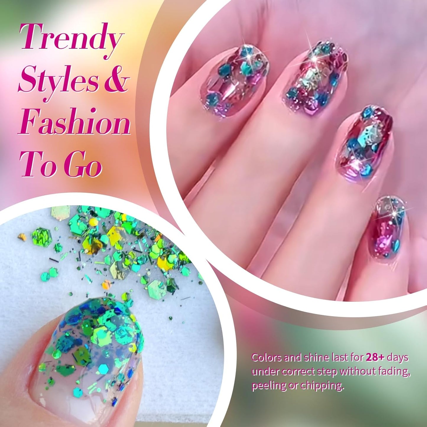 Born Pretty Glitter Gel Nail Polish with Sequins, 6 Pcs Blue Purple Gold Green Hot Pink Long Lasting Sparkly Shiny U V Gel Polish Set for Manicure and Nail Art, DIY at Home, Salon-Quality 7ml