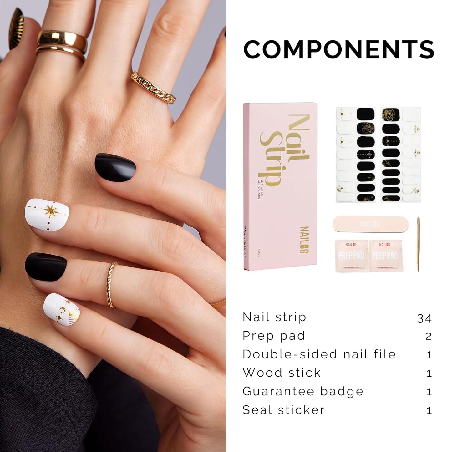 Semi Cured Gel Nail Strips - NAILOG 34 Pcs Gel Nail Stickers Buy 2 Get 1 UV Light | Long Lasting Nail Wraps with Glossy Gel Finish Black, Astral Glyphs