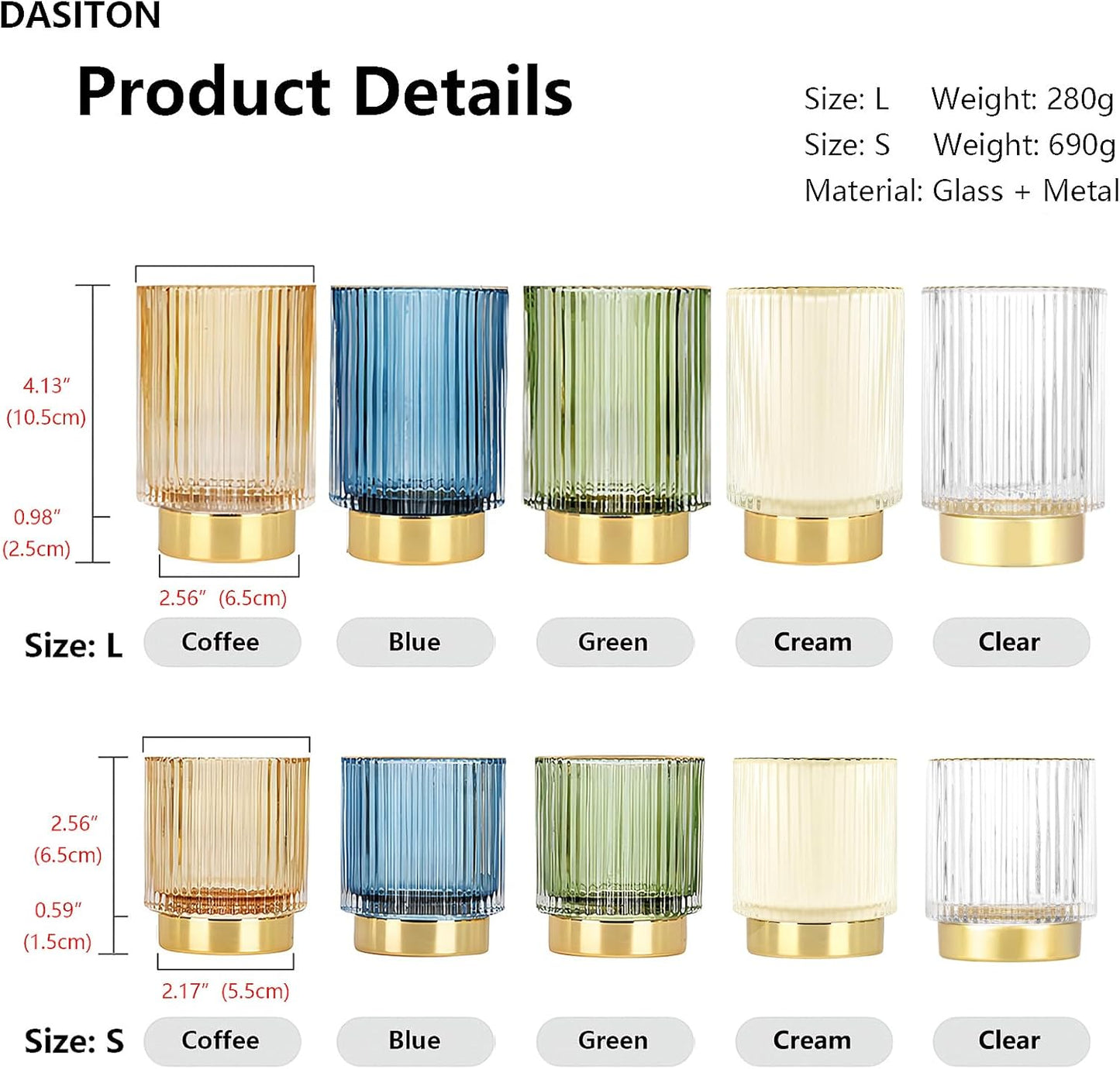 DASITON Makeup Brush holder Organizer,Crystal Cosmetic Makeup Brush Glass Brushes Storage Holder, Vintage Make Up Brush Cup Pen Pencil Holder striped vase(Clear S+L)