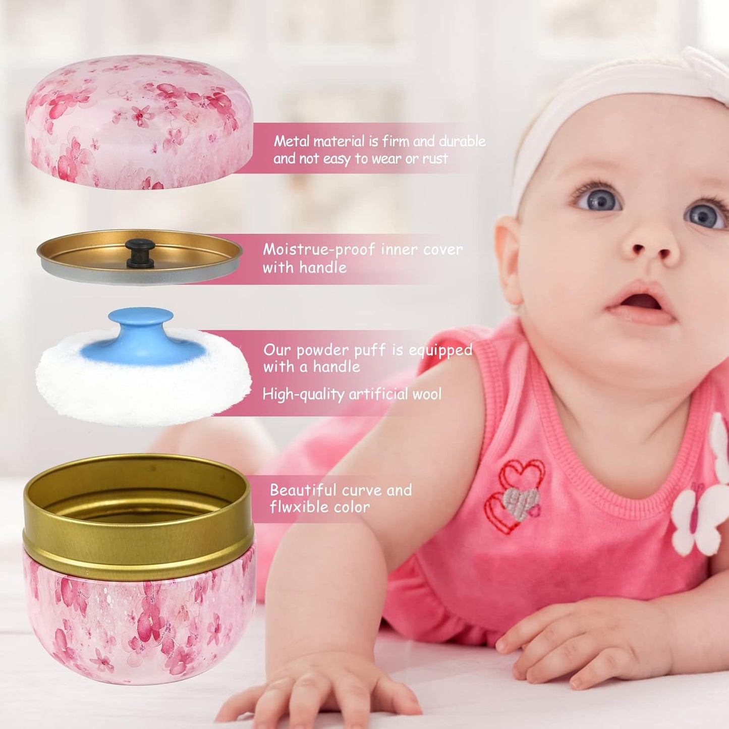 WEMEGA Body Powder Case with Powder Puff Powder Container Tea Box for Baby and Women Powder Puff and Powder Case for Travel (Pink Flower1)
