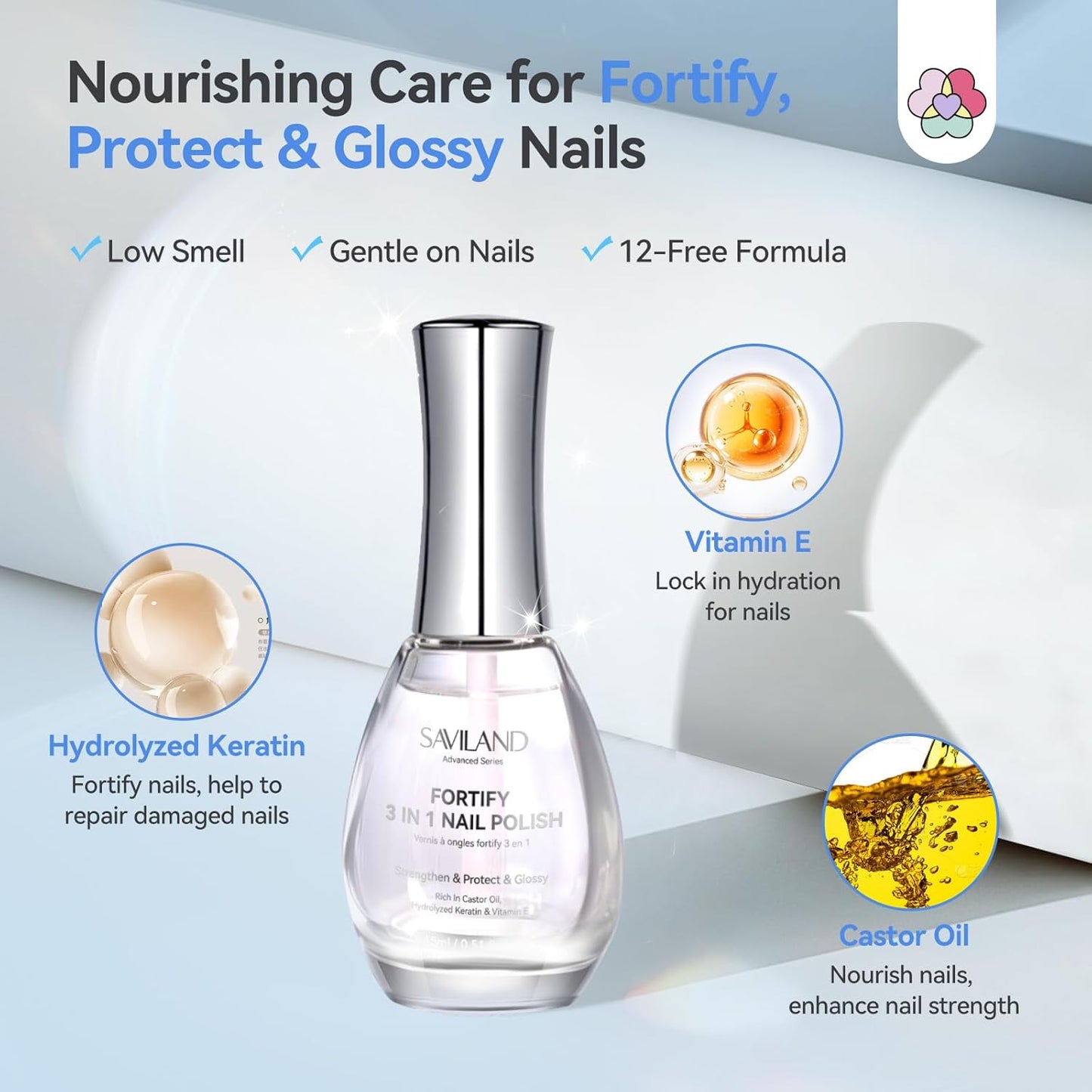 SAVILAND Advanced 3-in-1 Base & Top Coat & Nail Strengthener: Quick Dry Clear Nail Polish Nail Strengthener and Growth for Nail Treatment Repair Damaged Nails Care, Glossy Effect 0.5 fl oz