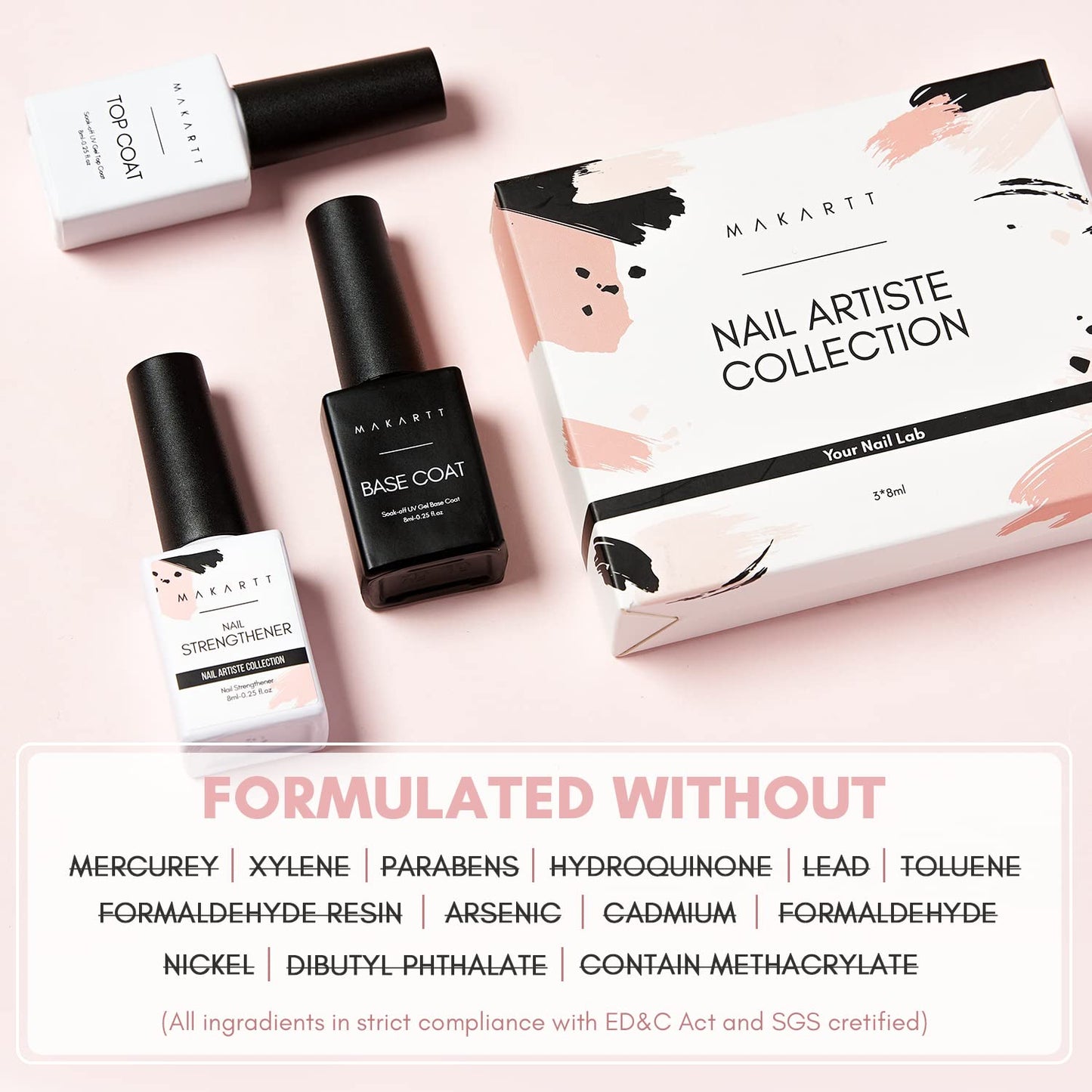 Makartt Nail Strengthener Gel Base & Top Coat Kit, 3Pcs 8ML, Long-Lasting Base & No Wipe Top Coat for Damaged Thin Nails, UV/LED Lamp Required, Promotes Nail Growth