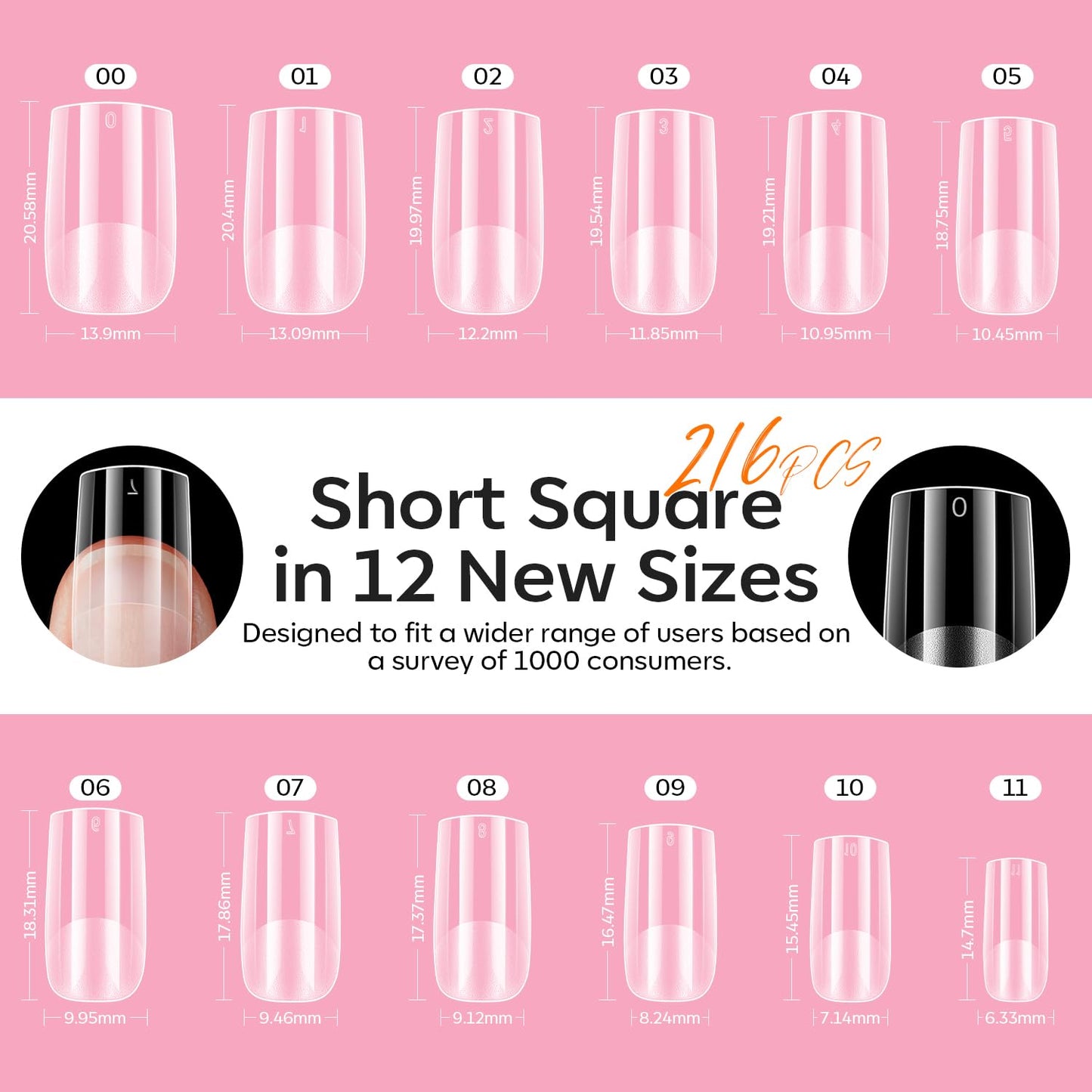 modelones Short Square Gel Nail Tips Kit, 9-in-One Nail Glue with Portable U V Lamp 216Pcs 12Sizes Pre-Etched Press ons Fake Acrylic Extension Kit DIY Salon Gift for Women