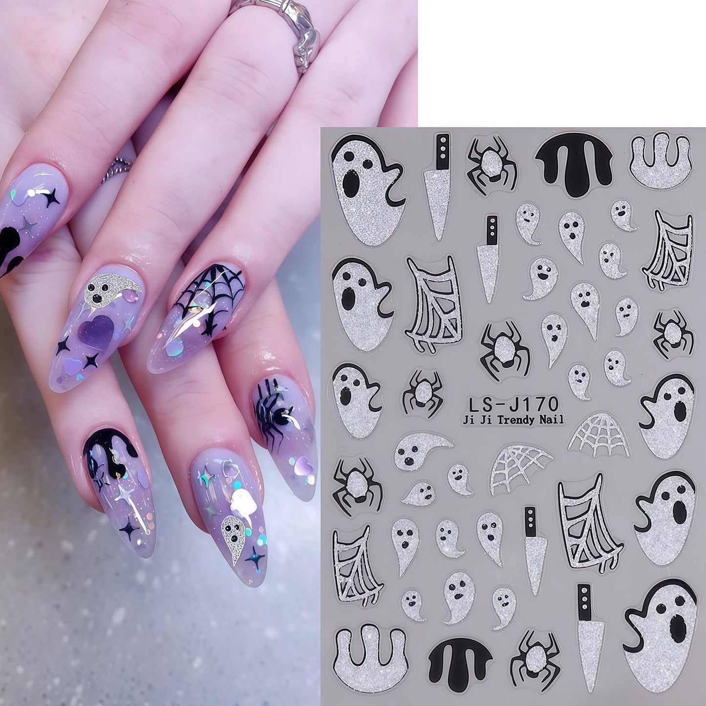 Halloween Nail Art Stickers Spider Web Nail Decals 2 Sheets 3D Self-Adhesive Glitter Spider Ghost Blood Nail Decals Day of Death Nails Stickers Holiday DIY Manicure Decoration Sticker for Women