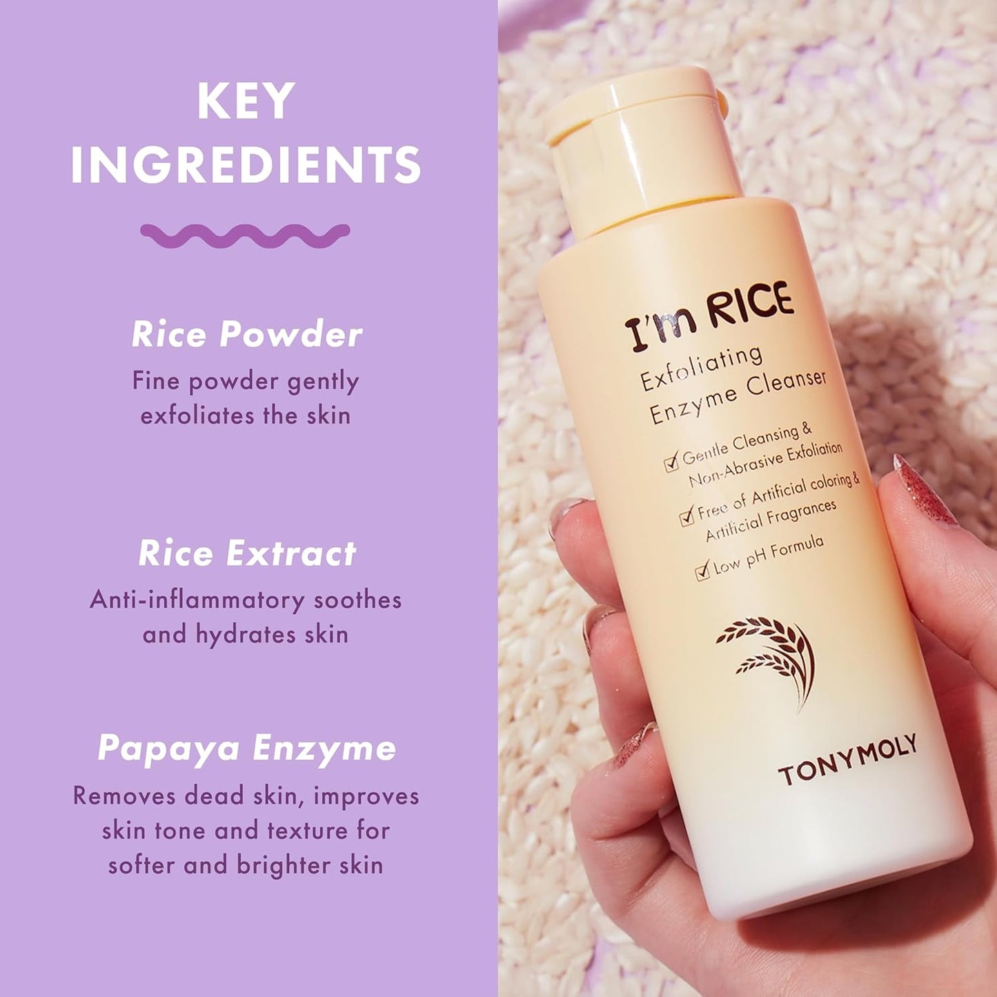 TONYMOLY I’m Rice Exfoliating Enzyme Cleanser – Rice Powder Face Wash & Papaya Enzyme Scrub, Gentle AHA Brightening Mask for Smooth Radiant Skin, 50g
