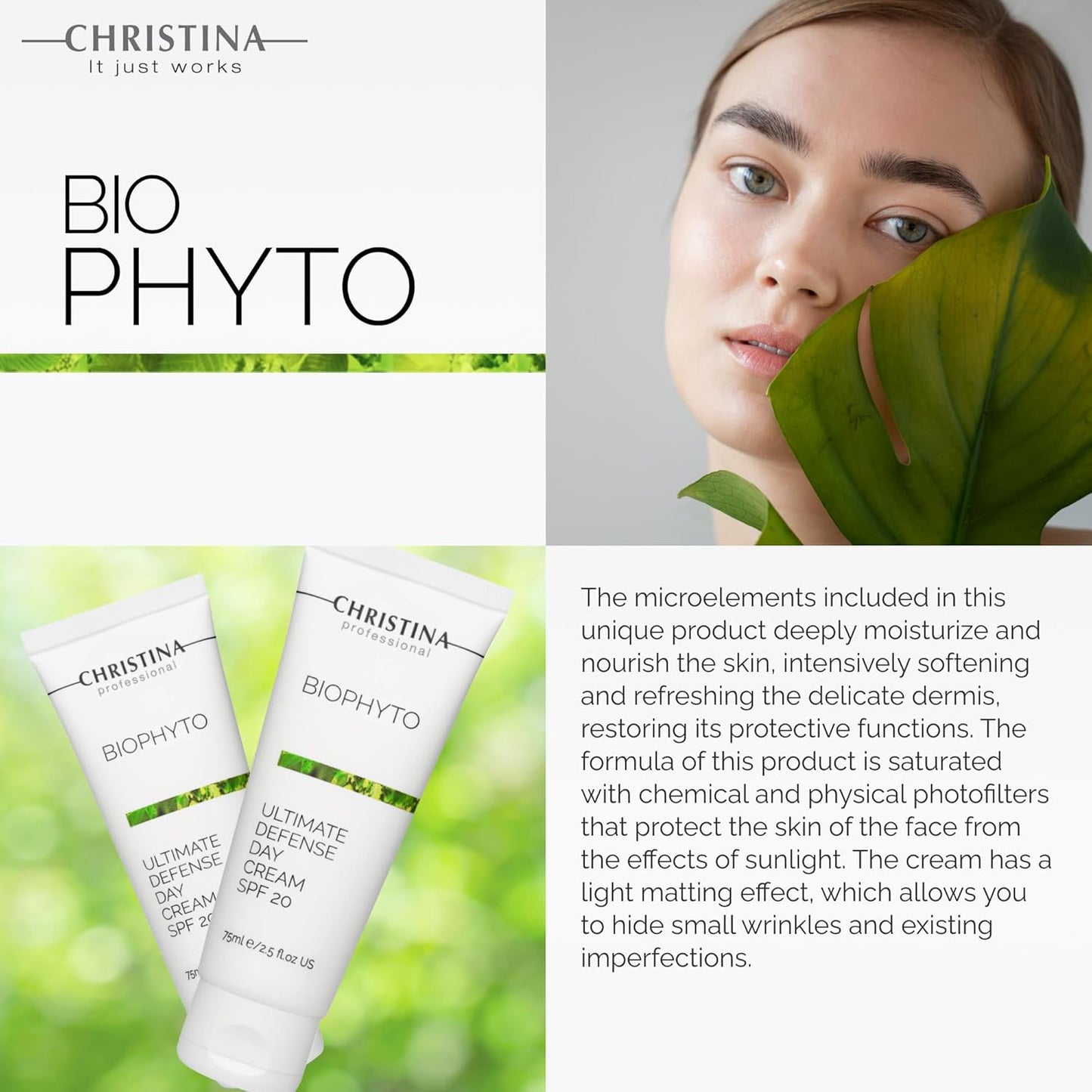Christina Bio Phyto Ultimate Defense Day Cream Moisturizer with SPF 20-75 ml - Broad Spectrum UVA/UVB Protection Facial Moisturizer with Hyaluronic Acid & Vitamin B12- For Normal & Combination Skin