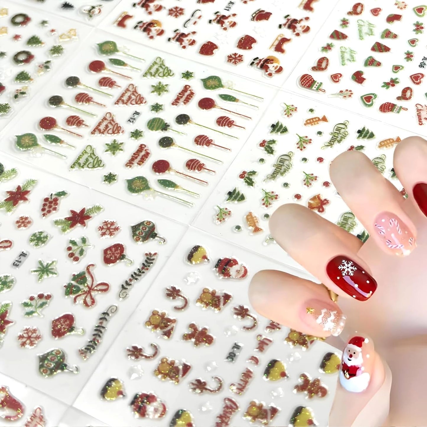 30 Sheets Christmas Nail Stickers 3D Self Adhesive Red Santa Claus Nail Decal for Nail Art Green Christmas Tree Nail Art Stickers Christmas Nail Art Supplies for Women Girls DIY Manicure Decorations