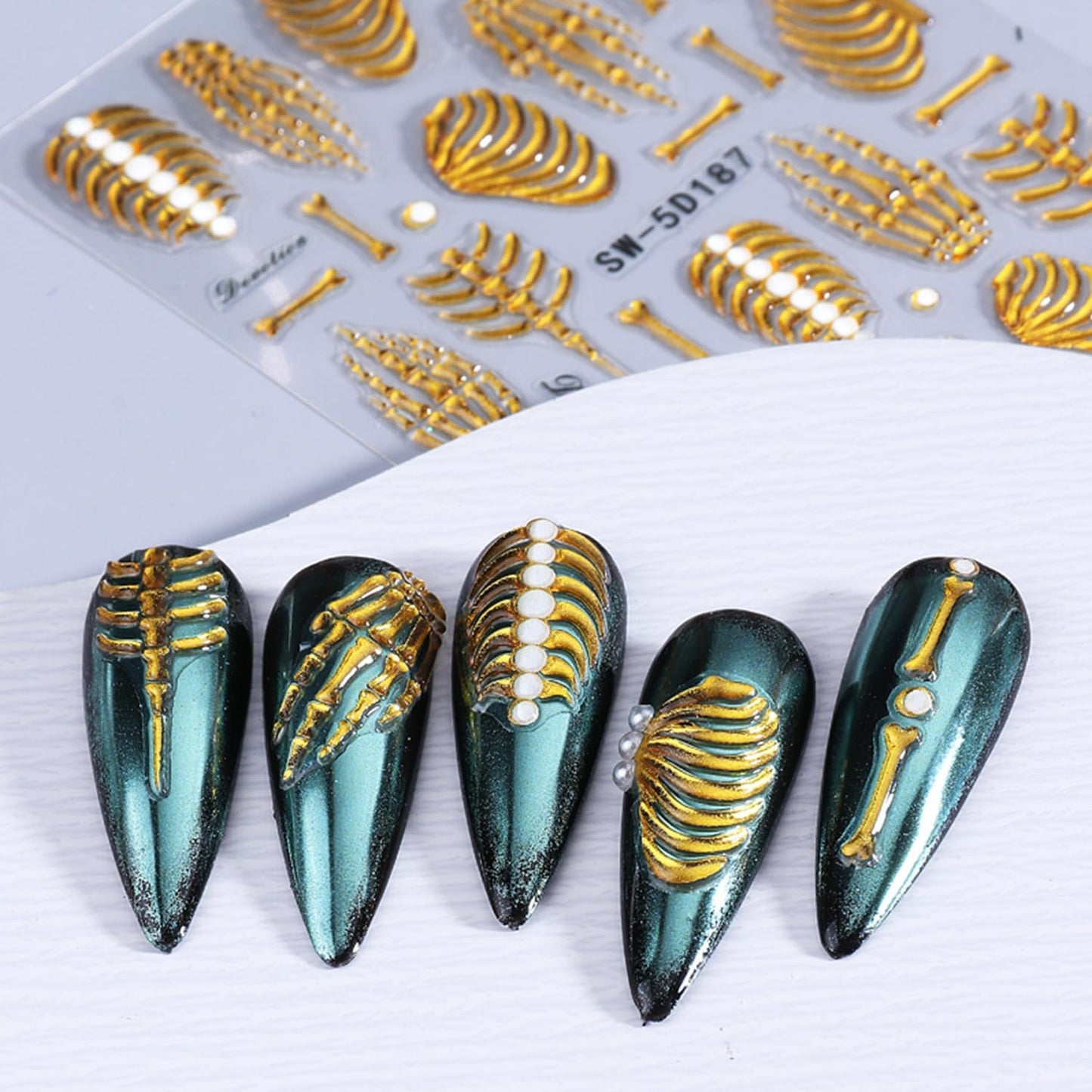 6 Sheets Halloween Gold Nail Art Stickers Decals Spider Web Nails Stickers with Rhinestones Design 5D Skull Nails Decal Self-Adhesive Bat Nail Art Decal for Women Halloween Decor