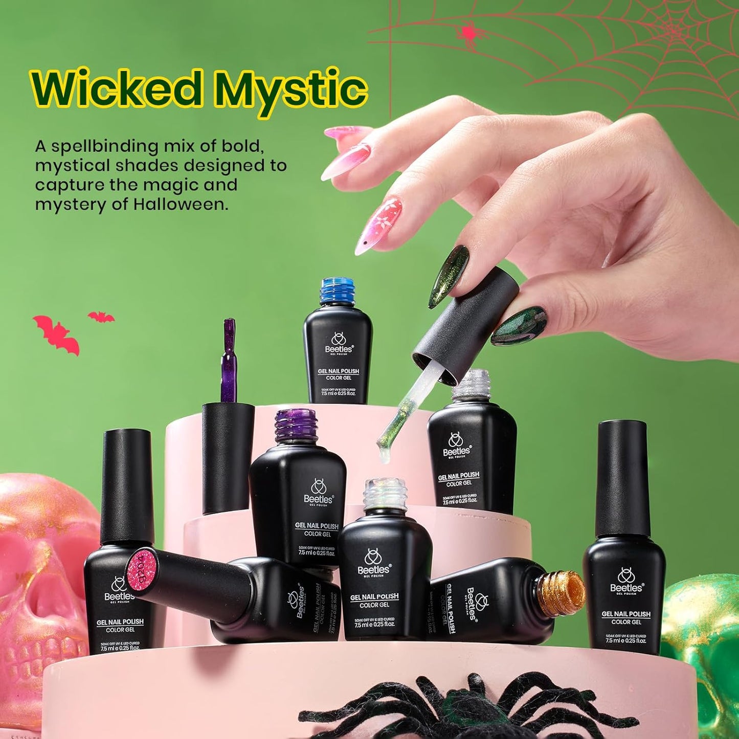 Beetles Halloween Gel Nail Polish Set – Wicked Mystic 8 Colors Gel Polish Kit, Gold Silver Black Green Blue Cat Eye Purple Red Glitter with Nail Art Accessories UV LED Soak Off Manicure Gift for Women