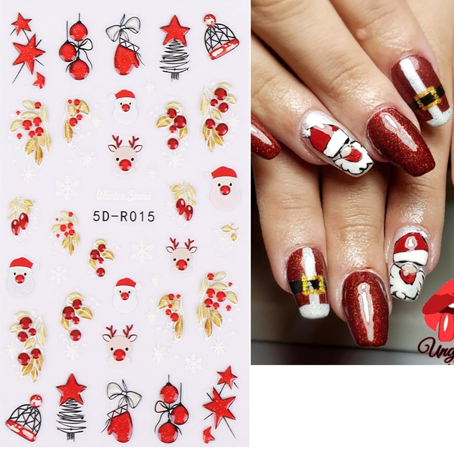 8 Sheets 5D Christmas Nail Art Stickers Self-Adhesive Embossed Cute Santa Claus Reindeer Xmas Tree Designs Cartoon DIY Xmas Nail Art Stickers Decals Christmas Nail Supplies for Women Nails Art Decor