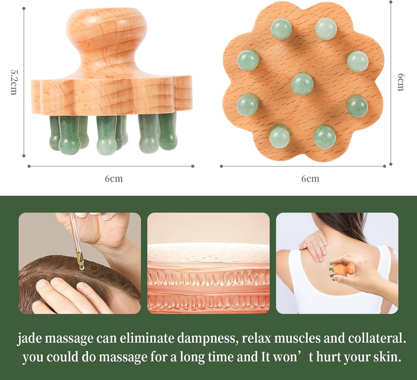 Natual Jade Massage Head, with Wooden Hander Comb,for Scalp Massager, Head Ficial, Body Acupressure Tool,gua sha Scraping, Relieve Fatigue,Stress Relax Device,for Hair Growth (Green)