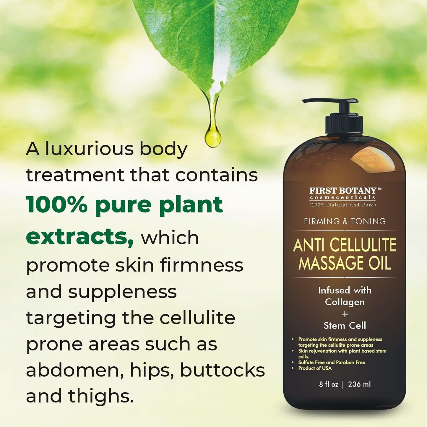 First Botany, Anti-Cellulite Massage Oil Infused with Collagen & Stem Cells - Natural Cellulite & Stretch Mark Treatment for Men & Women - 8 oz
